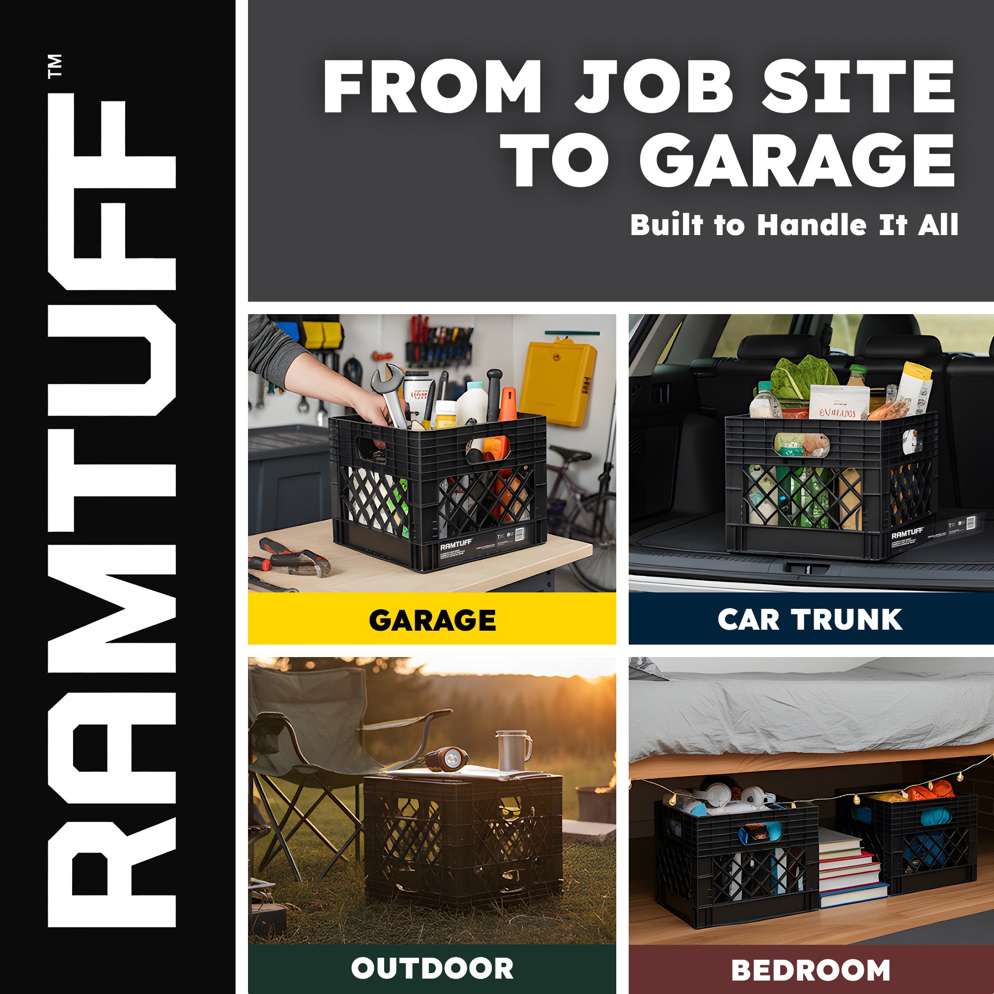 Ramtuff Storage Milk Crate, Plastic Organizer Box, 250lb Capacity, Black, 1 Pack