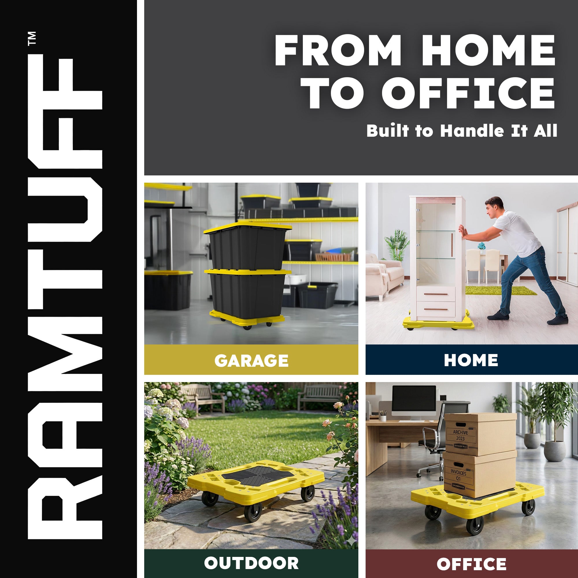 Ramtuff 4 Pack Stackable Storage Container and 4 Pack Connectable Moving Dolly - VMInnovations