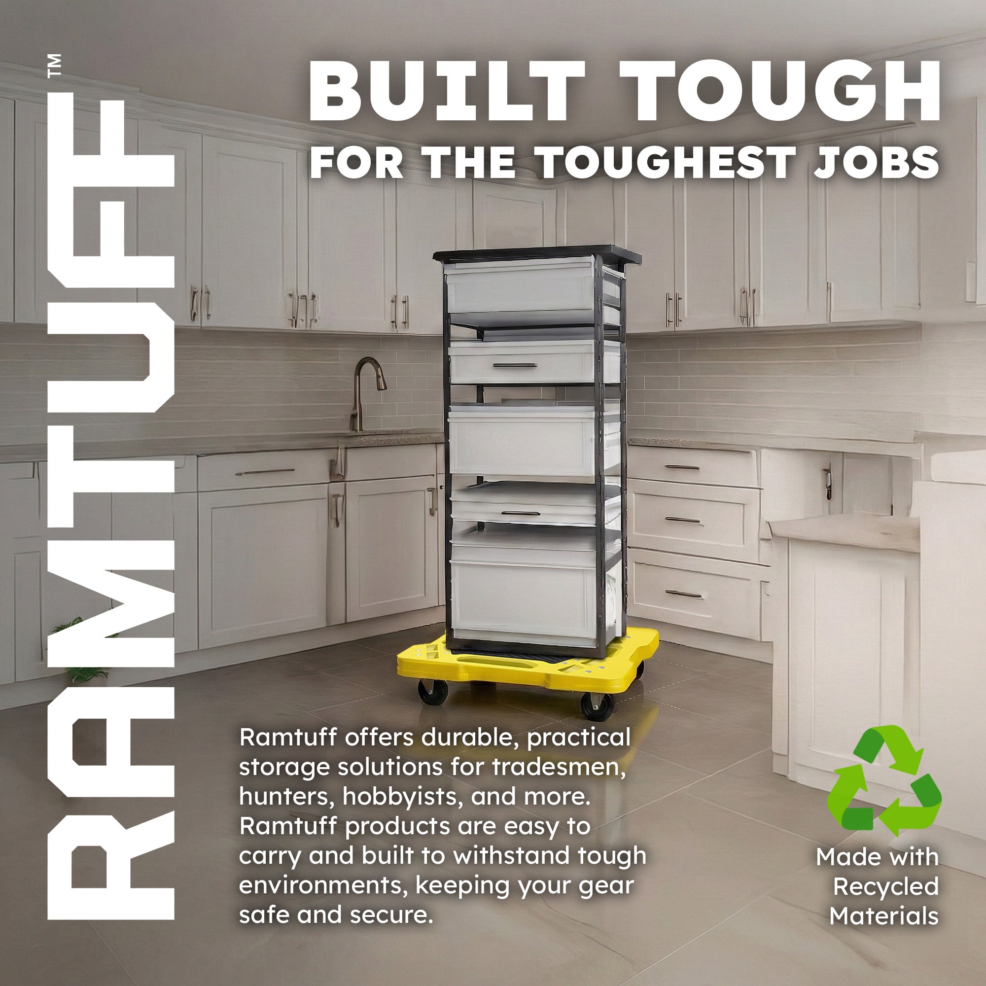 Ramtuff 4 Pack Stackable Storage Container and 4 Pack Connectable Moving Dolly - VMInnovations