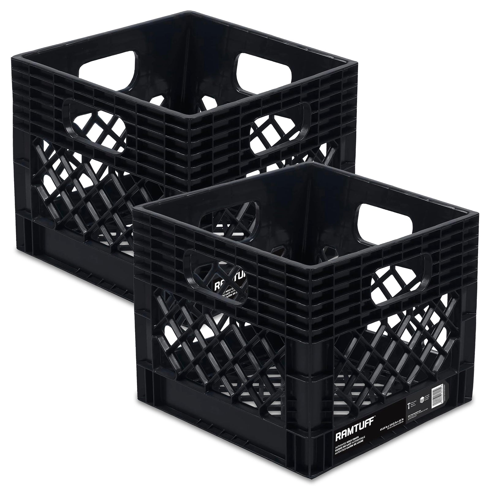 Ramtuff Storage Milk Crate, Plastic Organizer Box, 250lb Capacity, Black, 2 Pack - VMInnovations