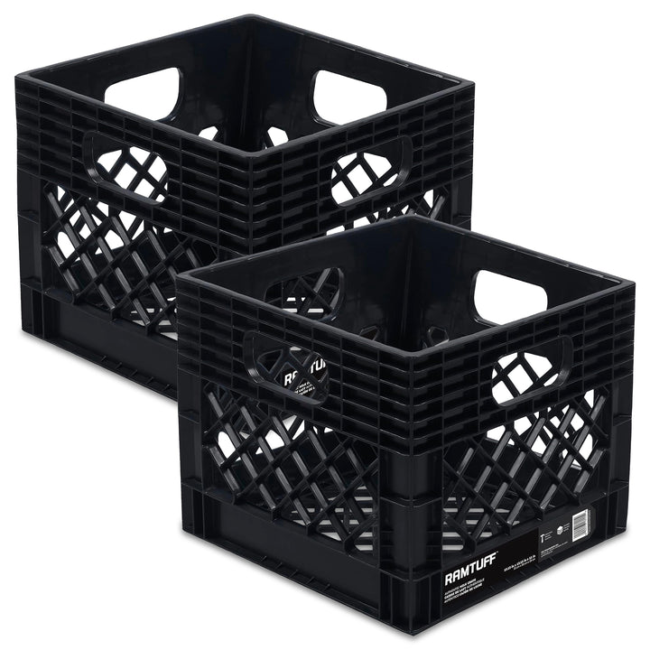 Ramtuff Storage Milk Crate, Plastic Organizer Box, 250lb Capacity, Black, 2 Pack - VMInnovations