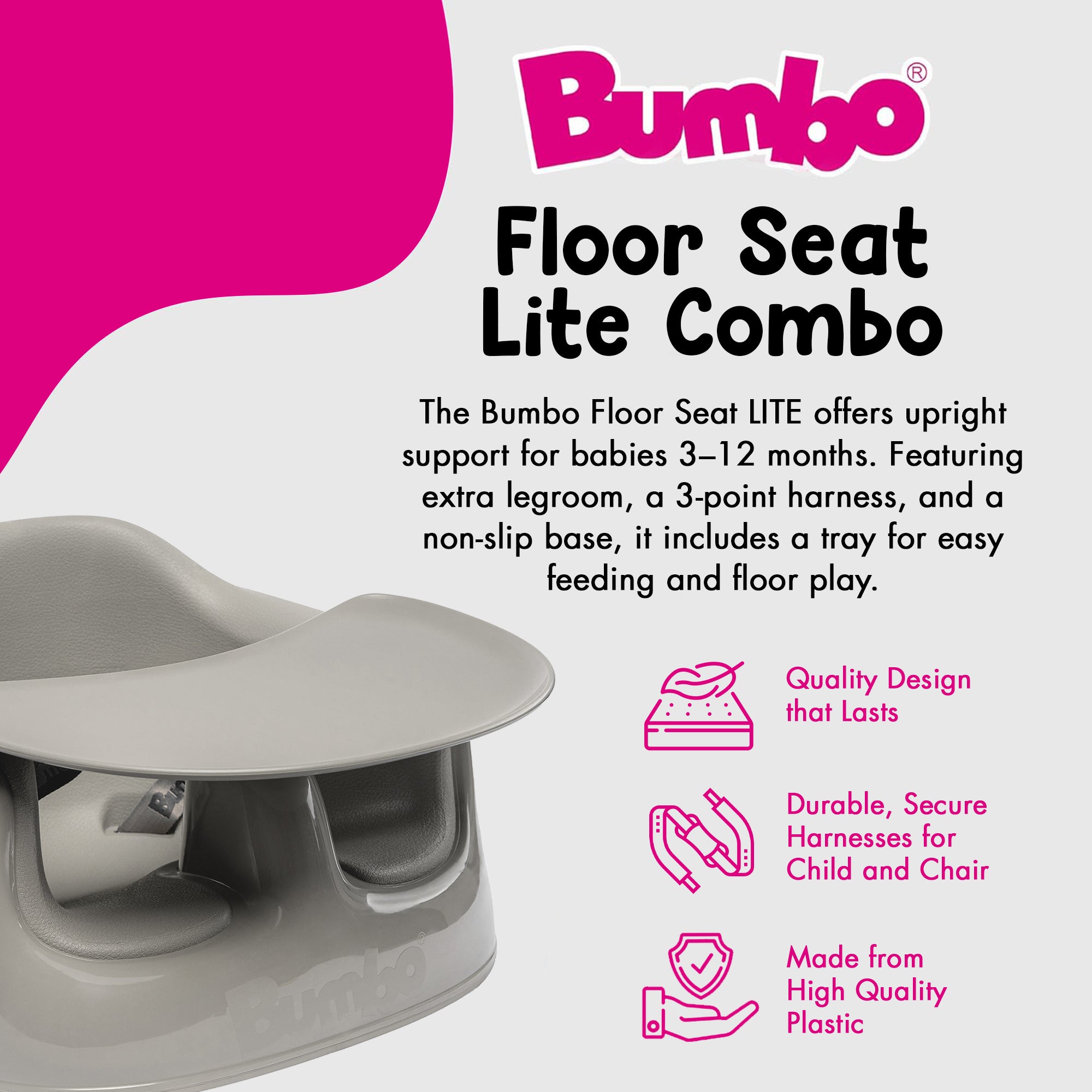 Bumbo Plastic Floor Seat Lite Baby Chair with Tray, 3-12 Months, Breige, 2 Pack