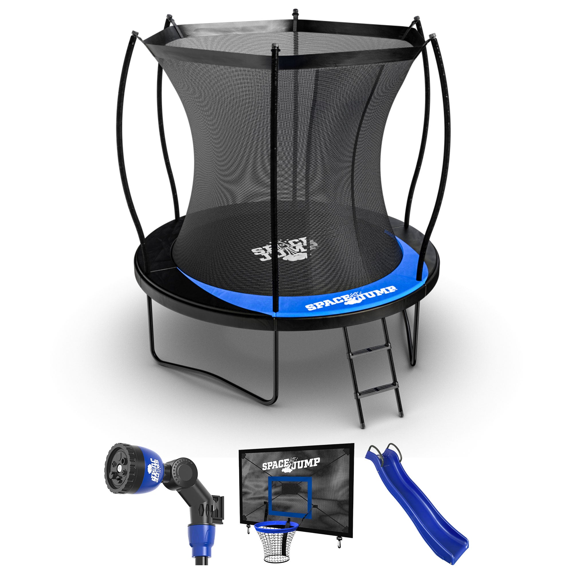 SpaceJump Lunar 8' Trampoline, Outdoor Ultimate Set with Slide, Hoop and Sprayer - VMInnovations