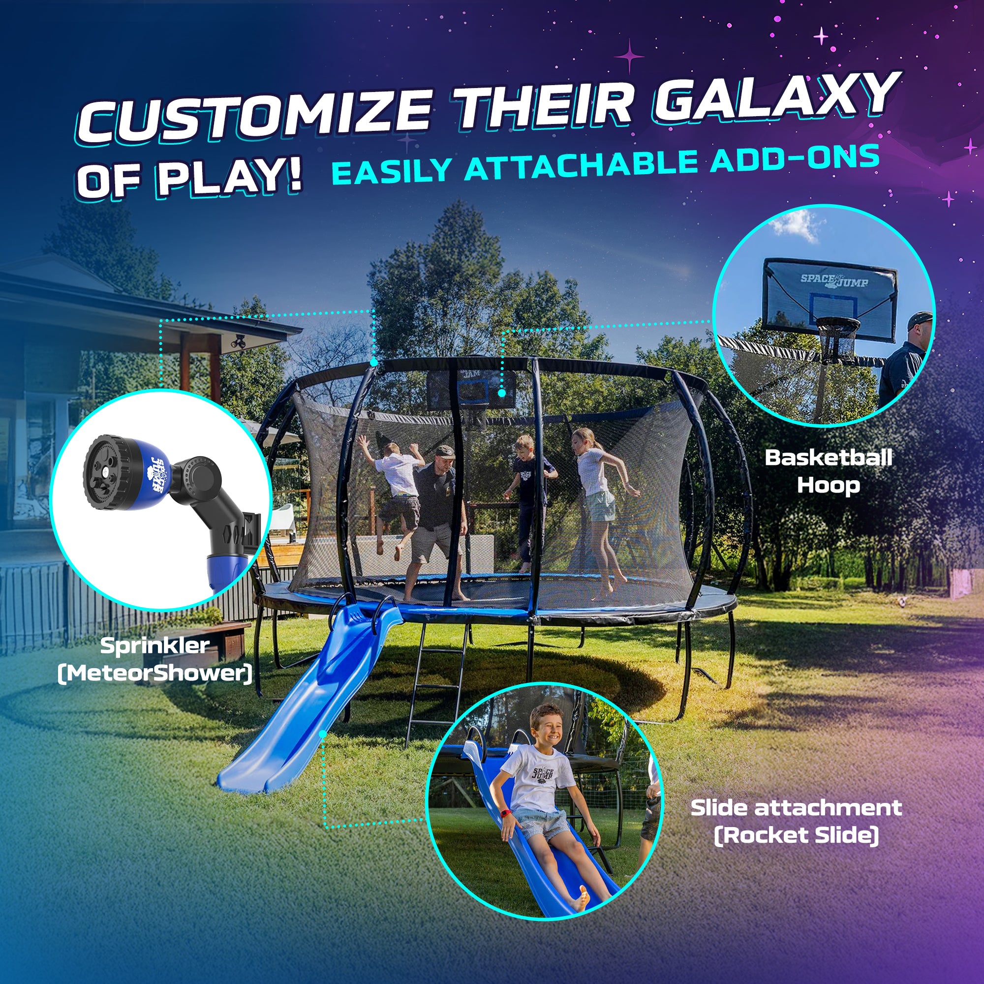 SpaceJump Lunar 8' Trampoline, Outdoor Bouncer with Net and Eclipse Sun Shade