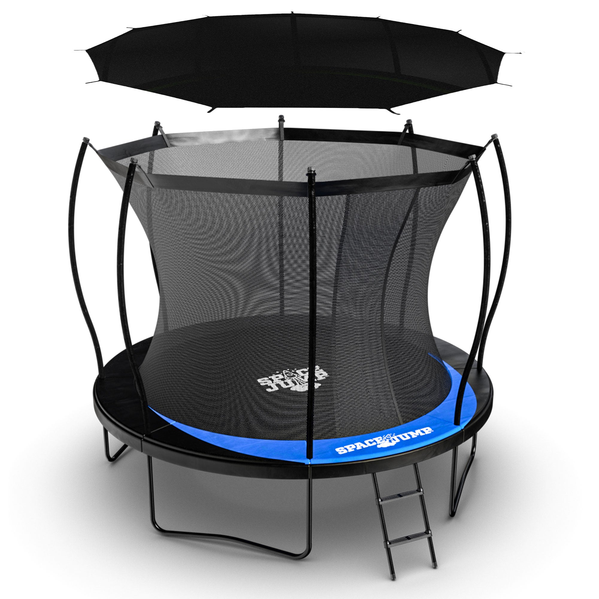 SpaceJump Lunar 10' Trampoline, Outdoor Bouncer with Net and Eclipse Sun Shade