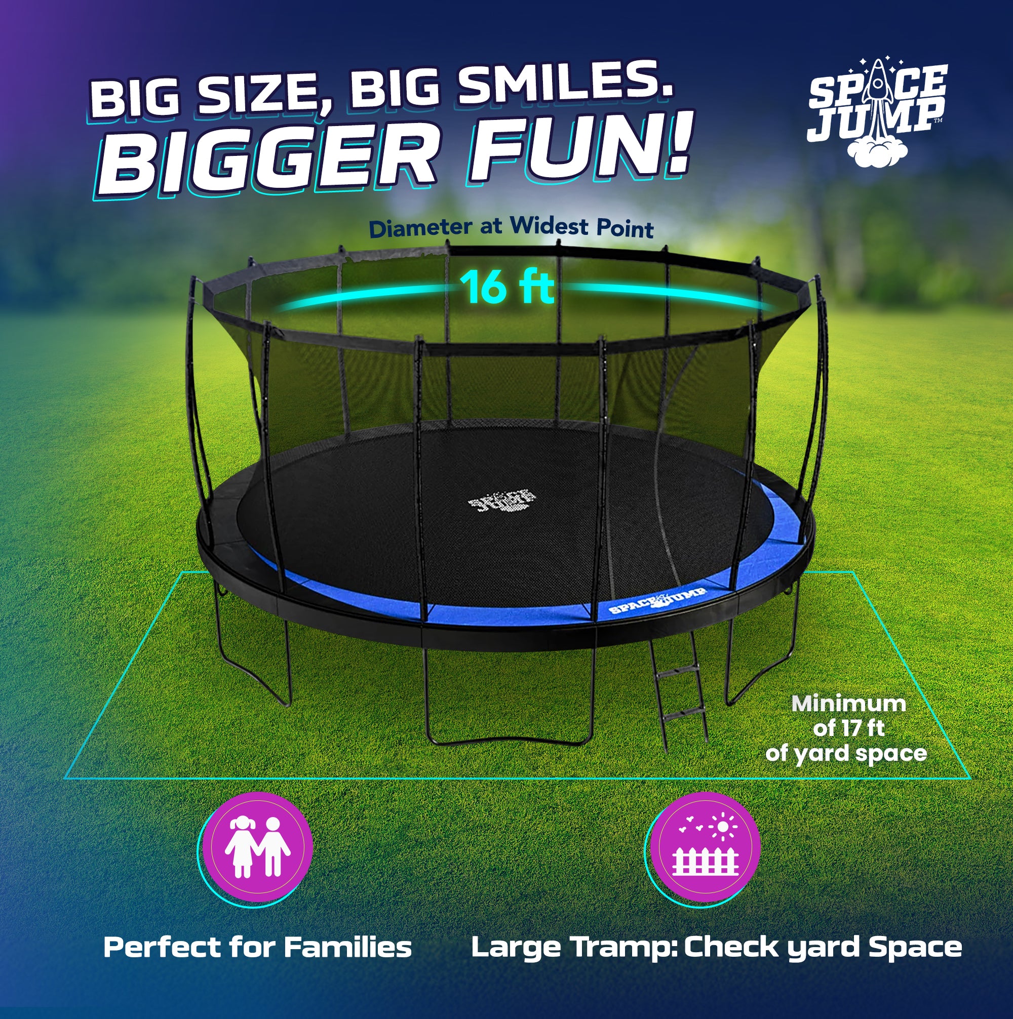 SpaceJump Lunar 16' Trampoline, Outdoor Bouncer with Net and Eclipse Sun Shade - VMInnovations