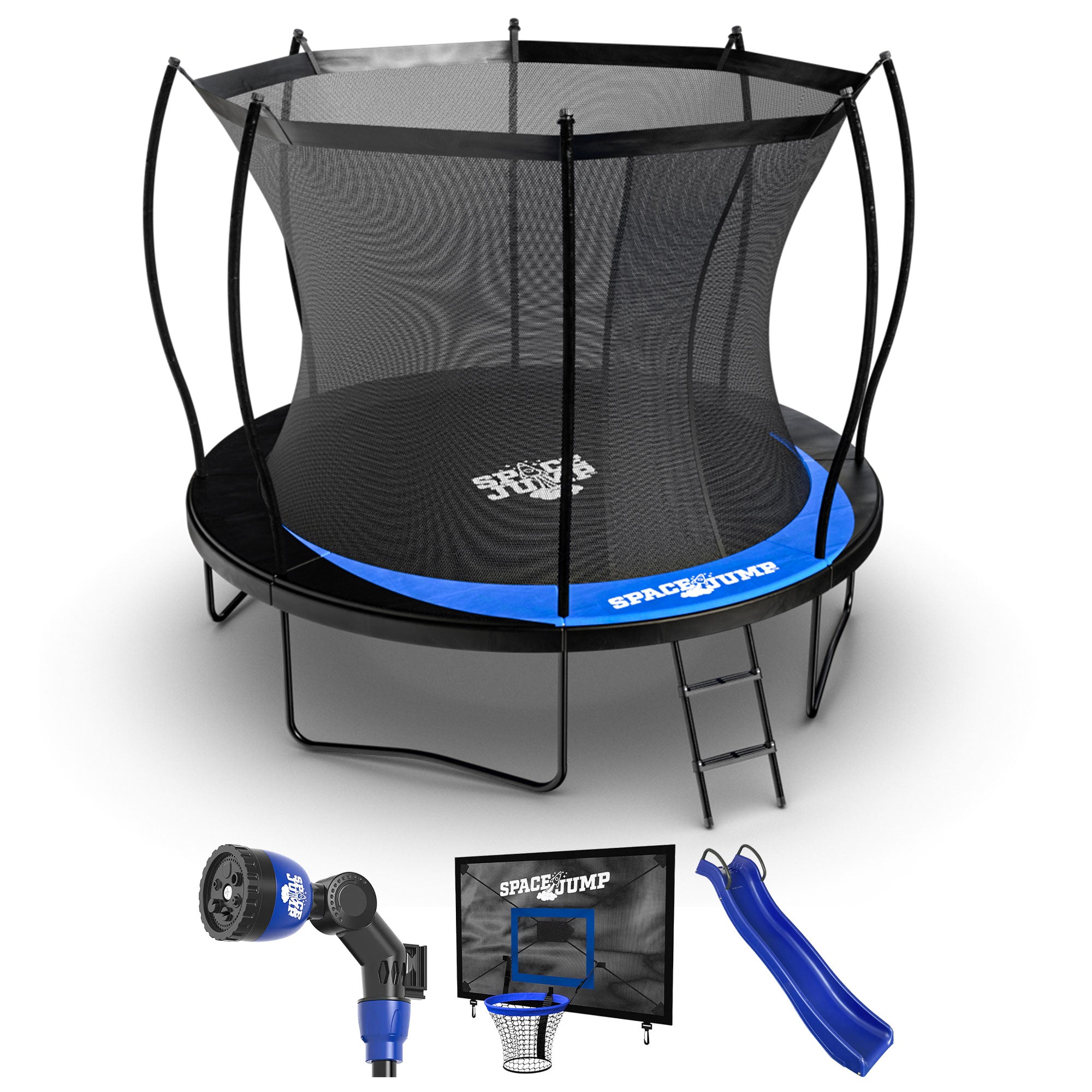 SpaceJump Lunar 12' Trampoline, Outdoor Ultimate Set with Slide, Hoop & Sprayer - VMInnovations