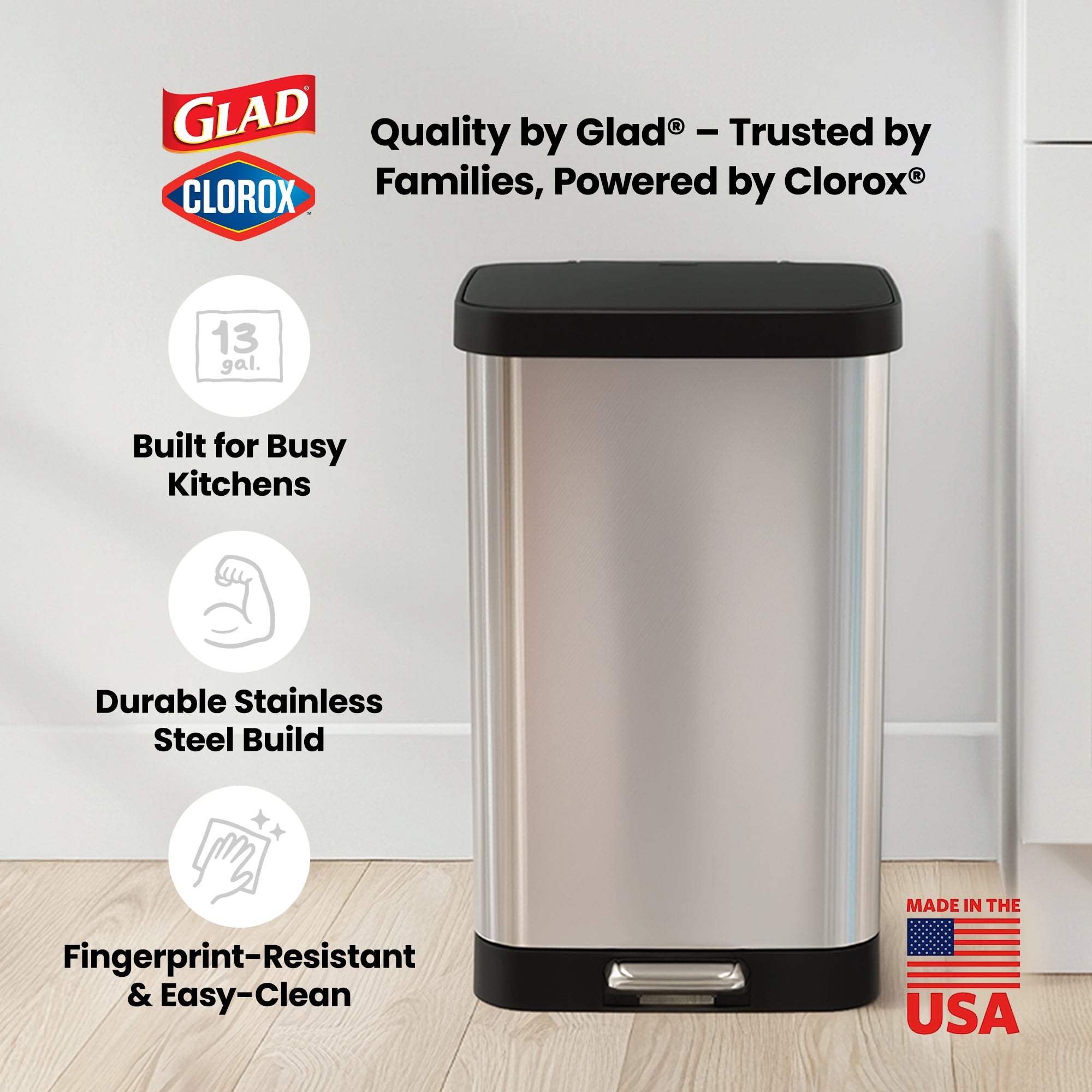 Glad Step Trash Can, Soft Close Lid Bin with Odor Protection, 13 Gal, Stainless - VMInnovations