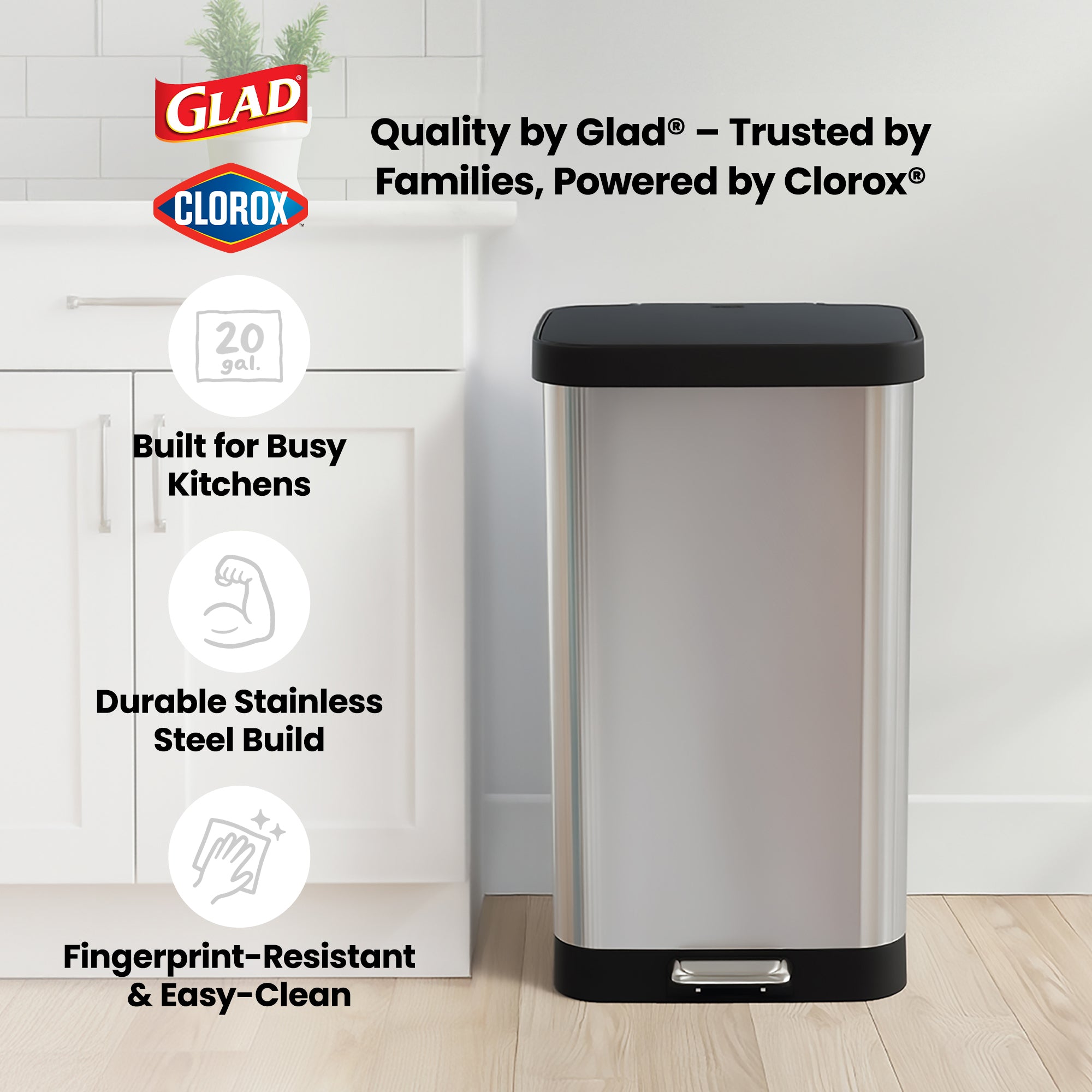 Glad Step Trash Can, Soft Close Lid Bin with Odor Protection, 20 Gal (Open Box) - VMInnovations