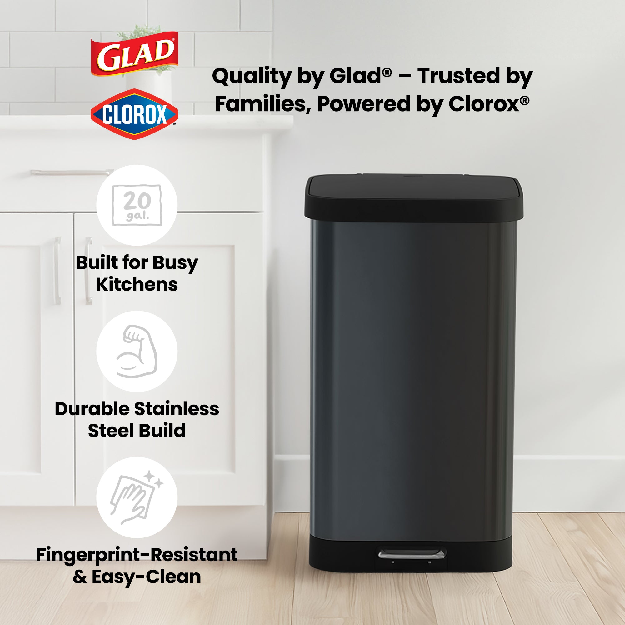 Glad Step Trash Can, Soft Close Lid Bin w/Odor Protection, 20 Gallon (Used)