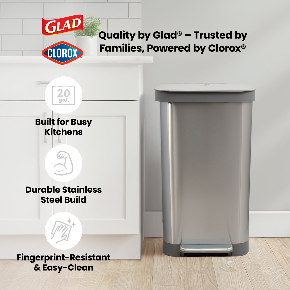 Glad Step Trash Can, Series 2 Soft Close Bin with Odor Protection, 13 Gal, Metal