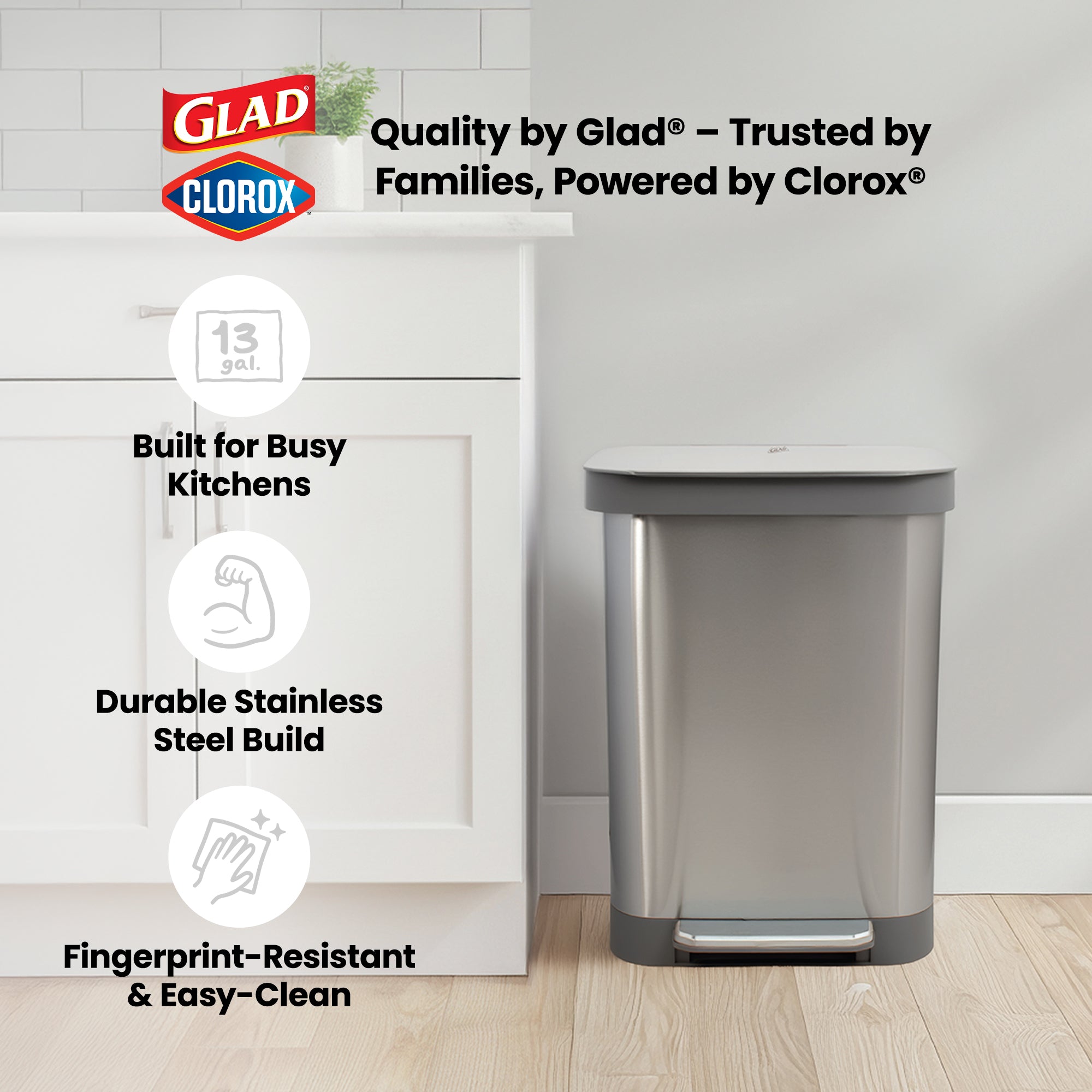 Glad Step Trash Can, Series 2 Soft Close Bin with Odor Protection (Open Box)
