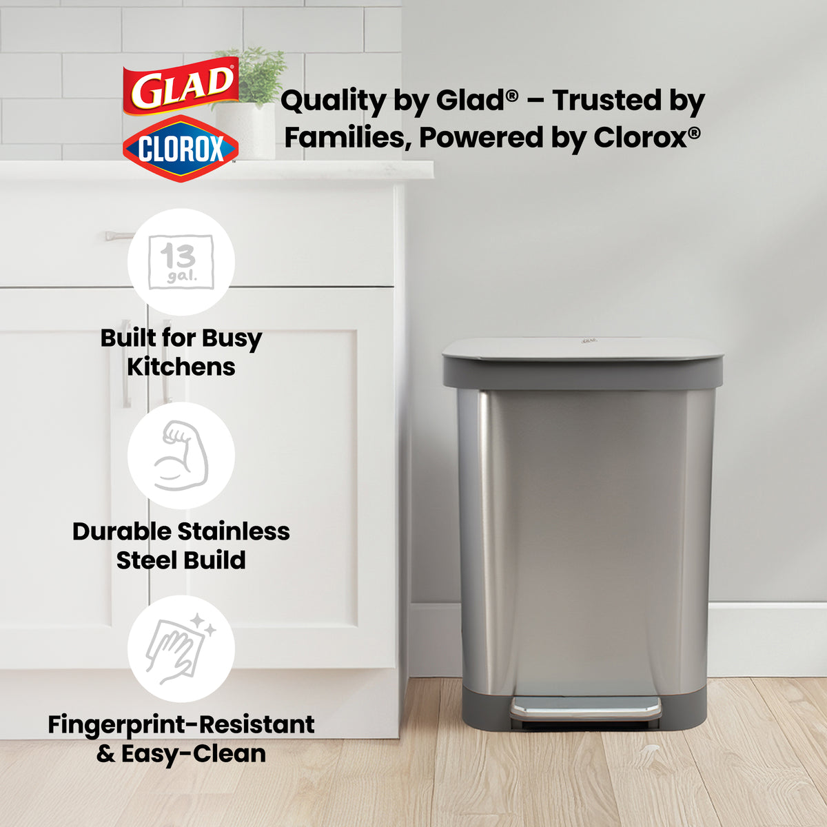 Glad Step Trash Can, Series 2 Soft Close Bin with Odor Protection (Open Box)