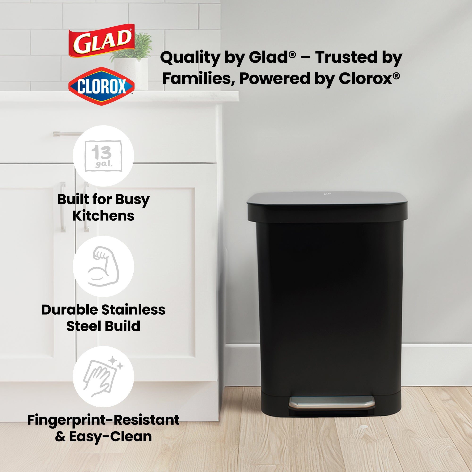 Glad Step Trash Can, Series 2 Soft Close Bin with Odor Protection, 13 Gal (Used)