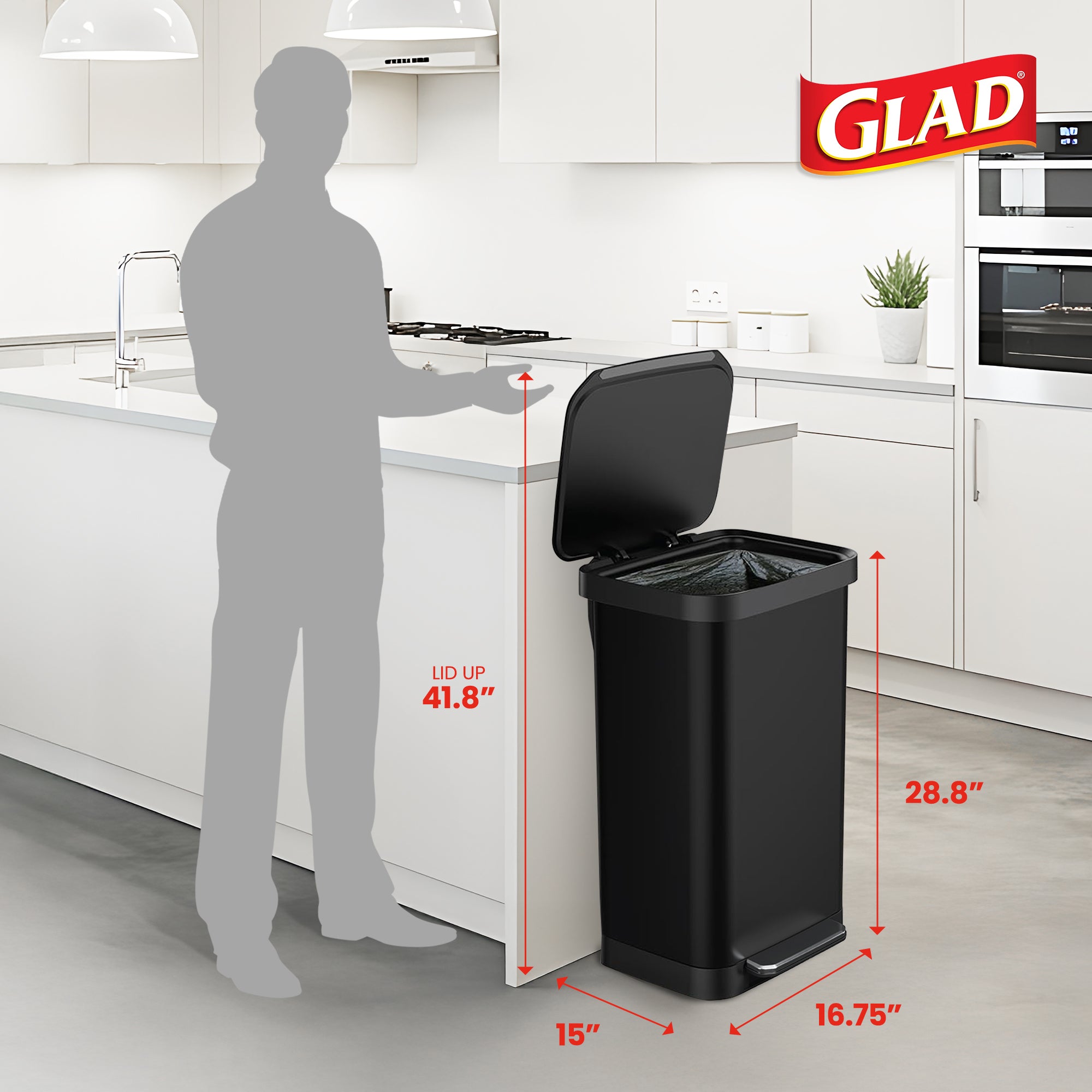Glad Step Trash Can, Soft Close Bin w/Odor Protection, 20 Gal, Black (Open Box)