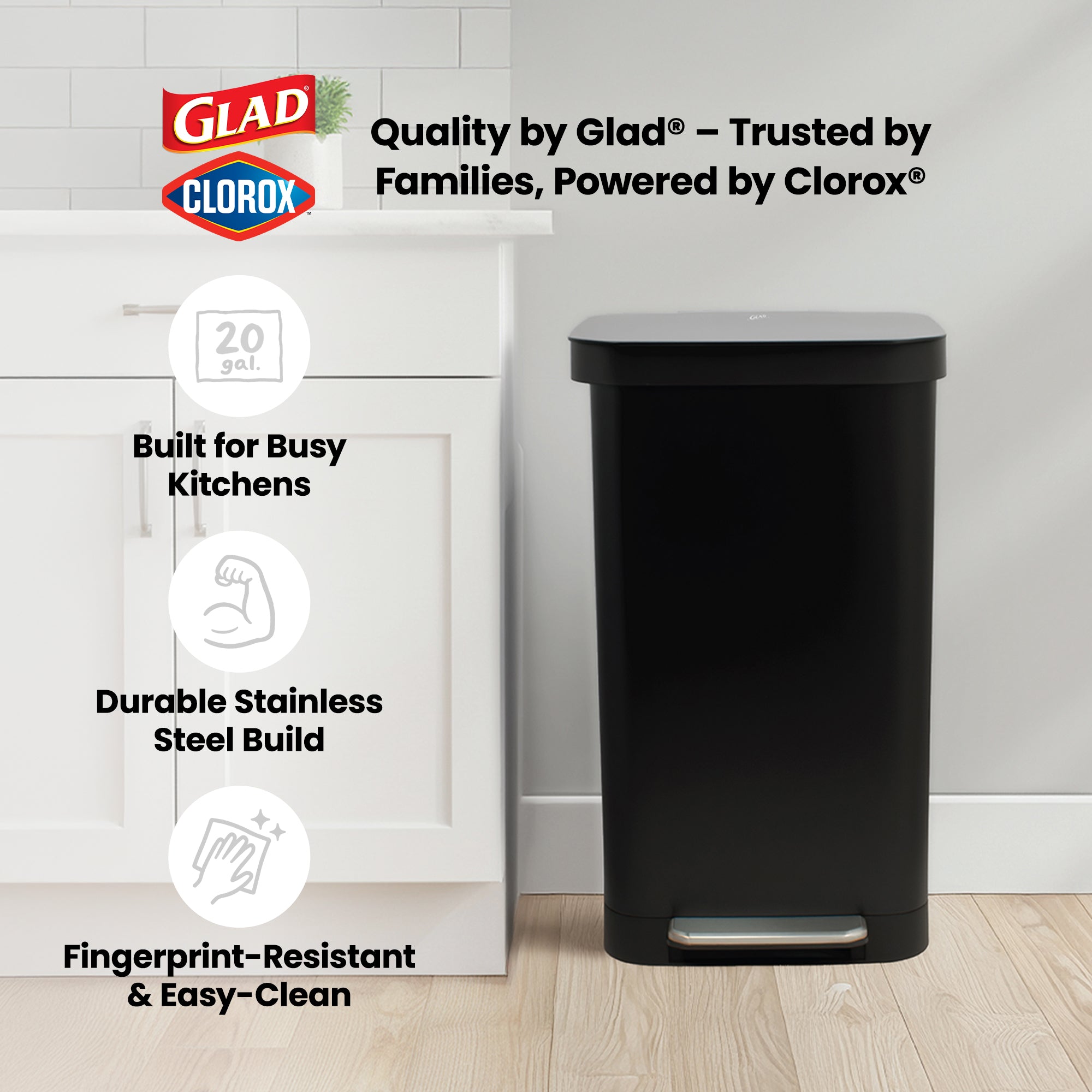 Glad Step Trash Can, Series 2 Soft Close Bin with Odor Protection, 20 Gal, Black - VMInnovations