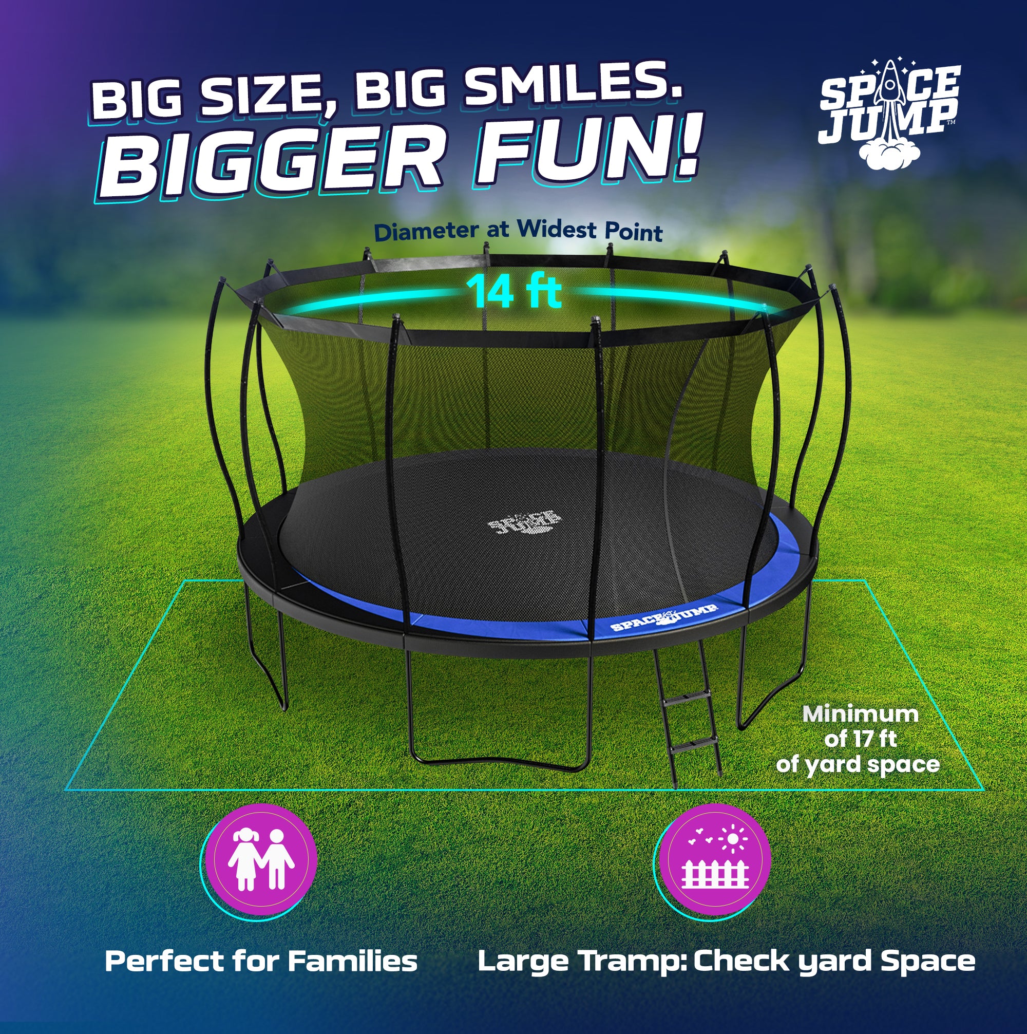SpaceJump Lunar 14' Trampoline, Outdoor Bouncer with Net and Eclipse Sun Shade