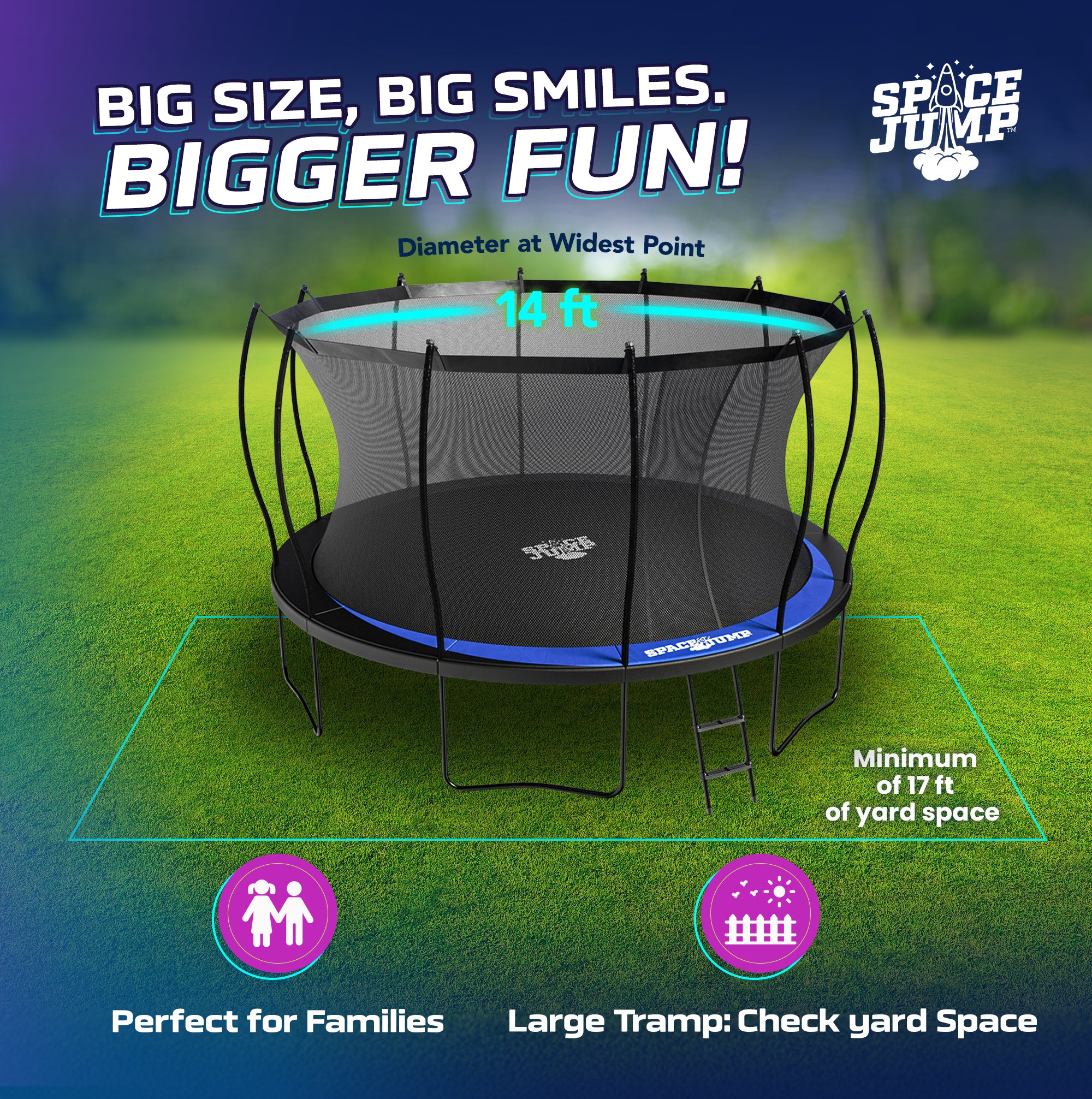 SpaceJump Lunar 14' Trampoline, Outdoor Ultimate Set with Slide, Hoop & Sprayer - VMInnovations