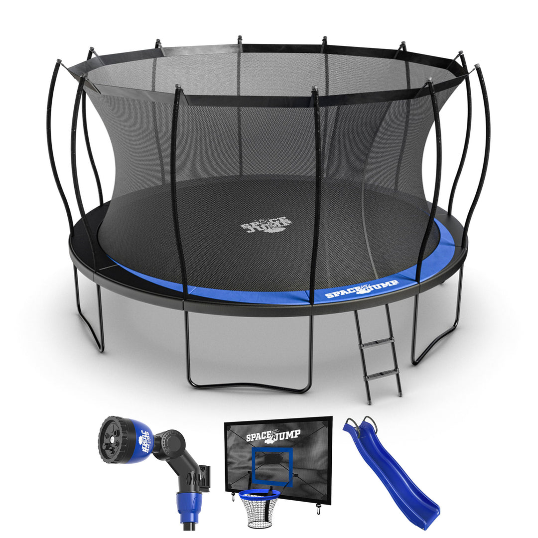 SpaceJump Lunar 14' Trampoline, Outdoor Ultimate Set with Slide, Hoop & Sprayer
