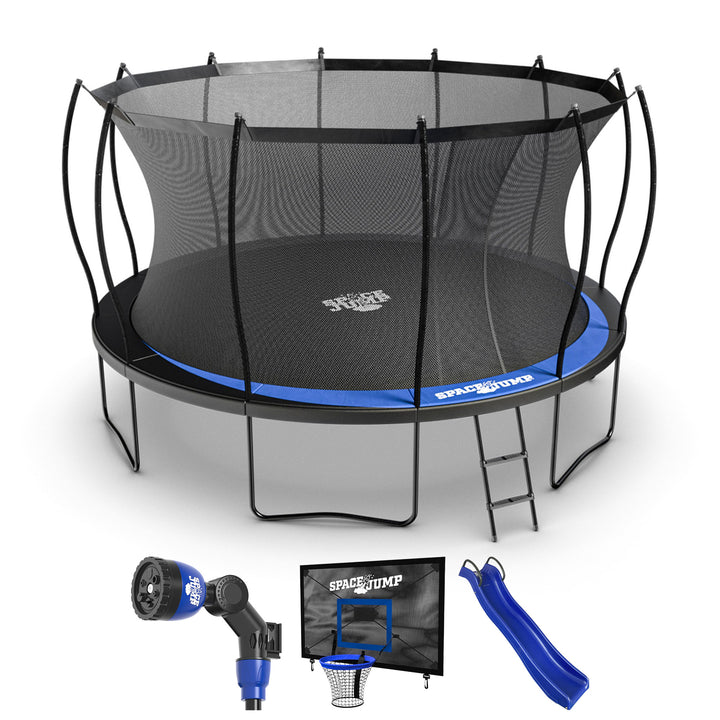SpaceJump Lunar 14' Trampoline, Outdoor Ultimate Set with Slide, Hoop & Sprayer