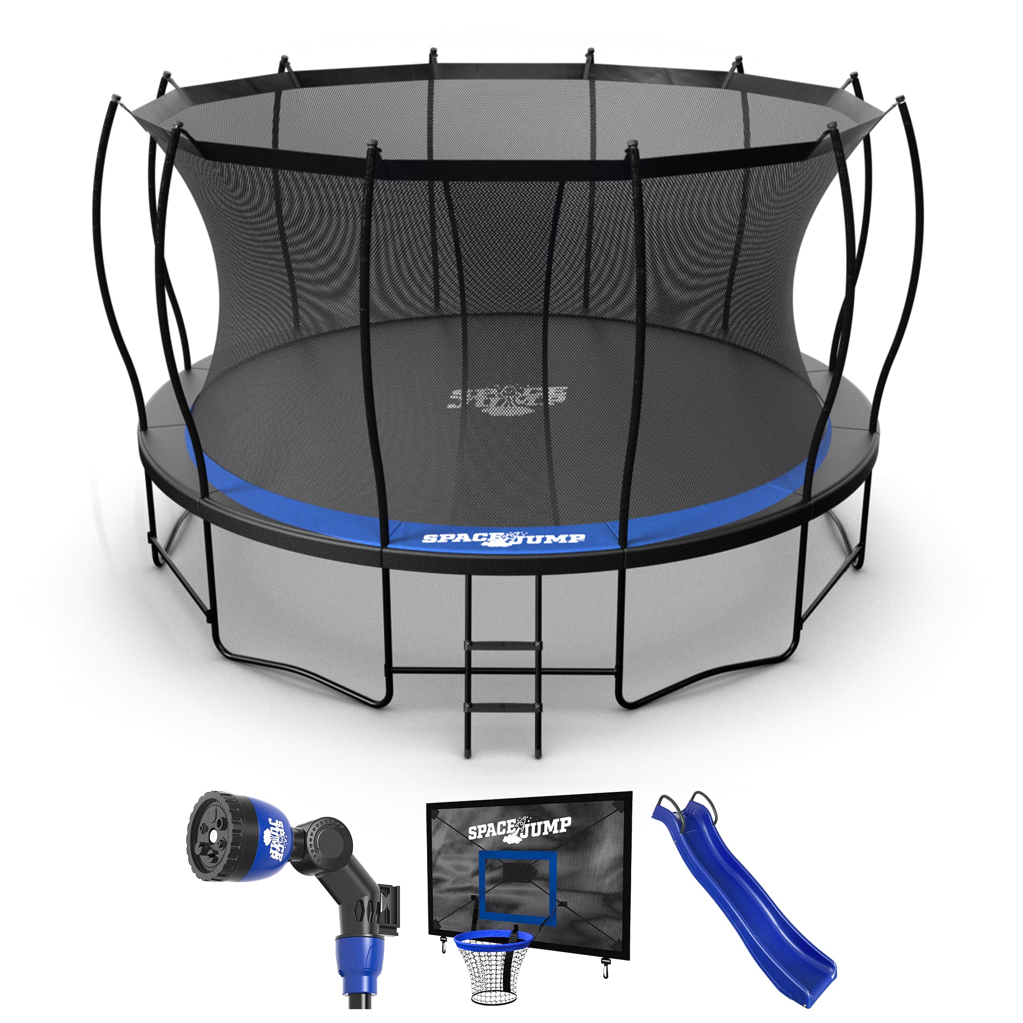 SpaceJump Lunar 14' Trampoline, Outdoor Ultimate Set with Slide, Hoop & Sprayer