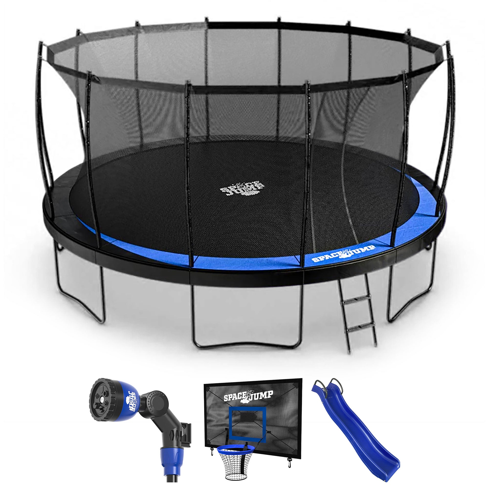 SpaceJump Lunar 16' Trampoline, Outdoor Ultimate Set with Slide, Hoop & Sprayer - VMInnovations
