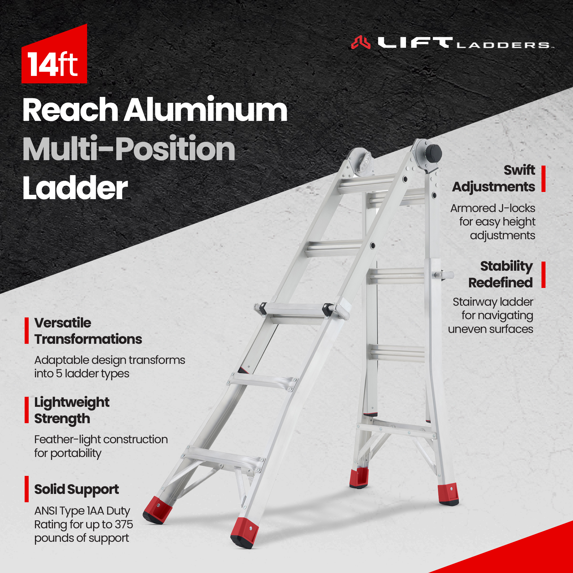 Lift Ladders 14 Foot Reach Multi Position Aluminum Step Ladder, 375 lb Capacity
