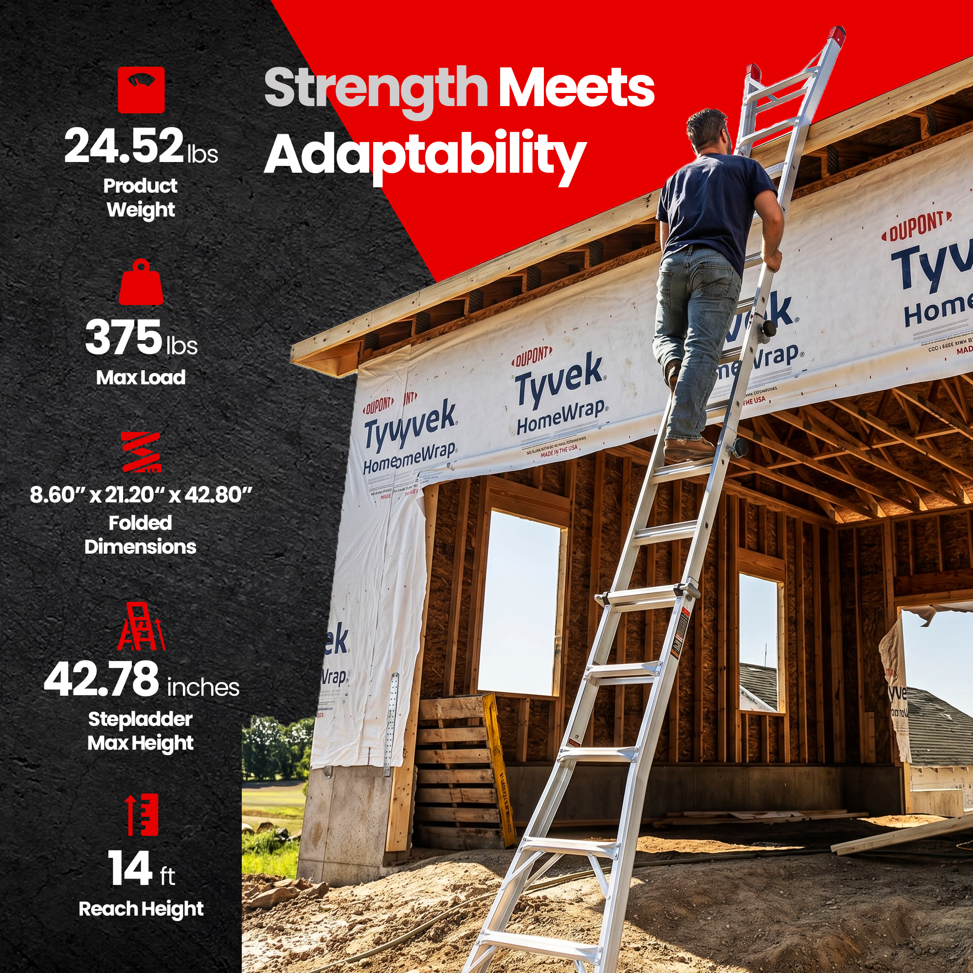 Lift Ladders 14 Foot Reach Multi Position Aluminum Step Ladder, 375 lb Capacity