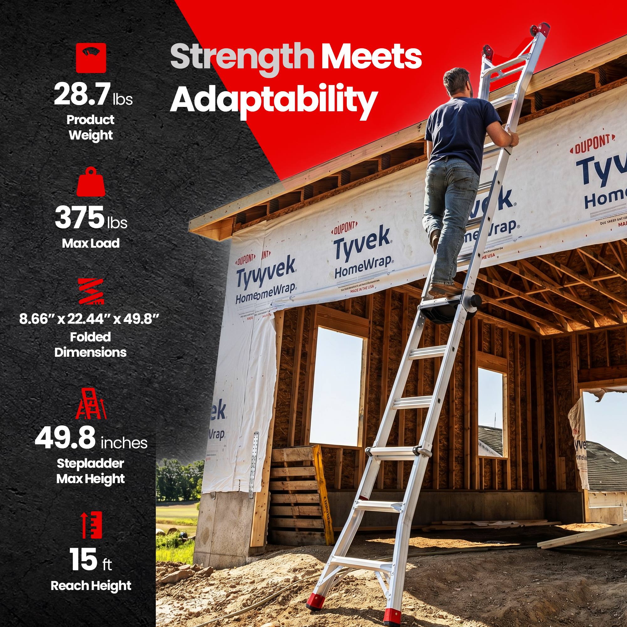 Lift Ladders 15 Foot Reach Multi Position Aluminum Step Ladder, 375 lb Capacity