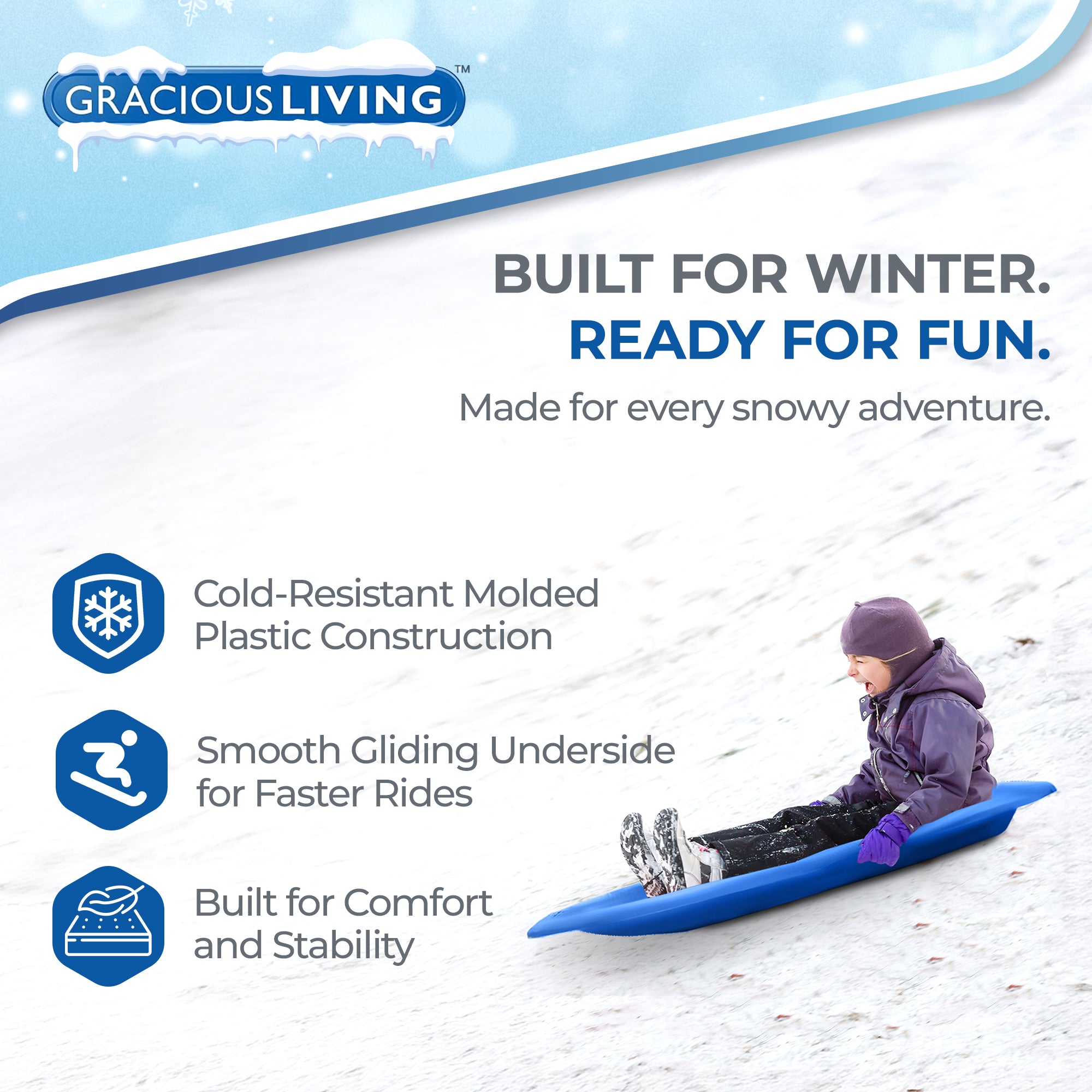 Gracious Living H2O! Raptor Boggan, Plastic Snow Sled for Kids and Adults, Blue (Open Box) - VMInnovations