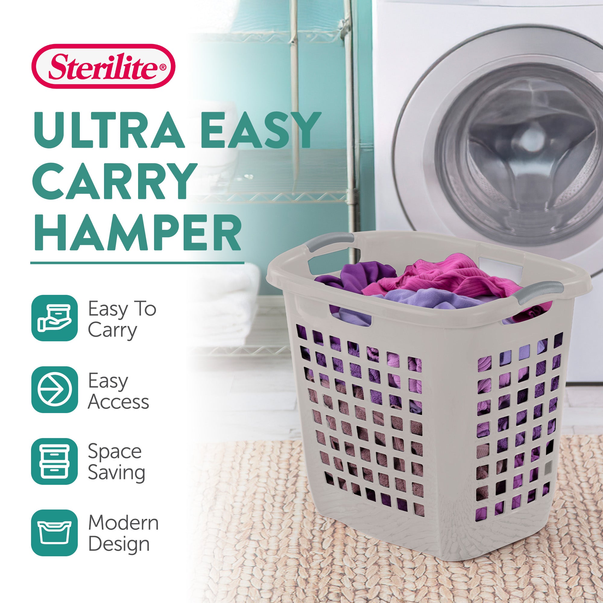 Sterilite Ultra Easy Carry Plastic Laundry Basket, 2.1 Bushel, Grey, 4 Pack - VMInnovations