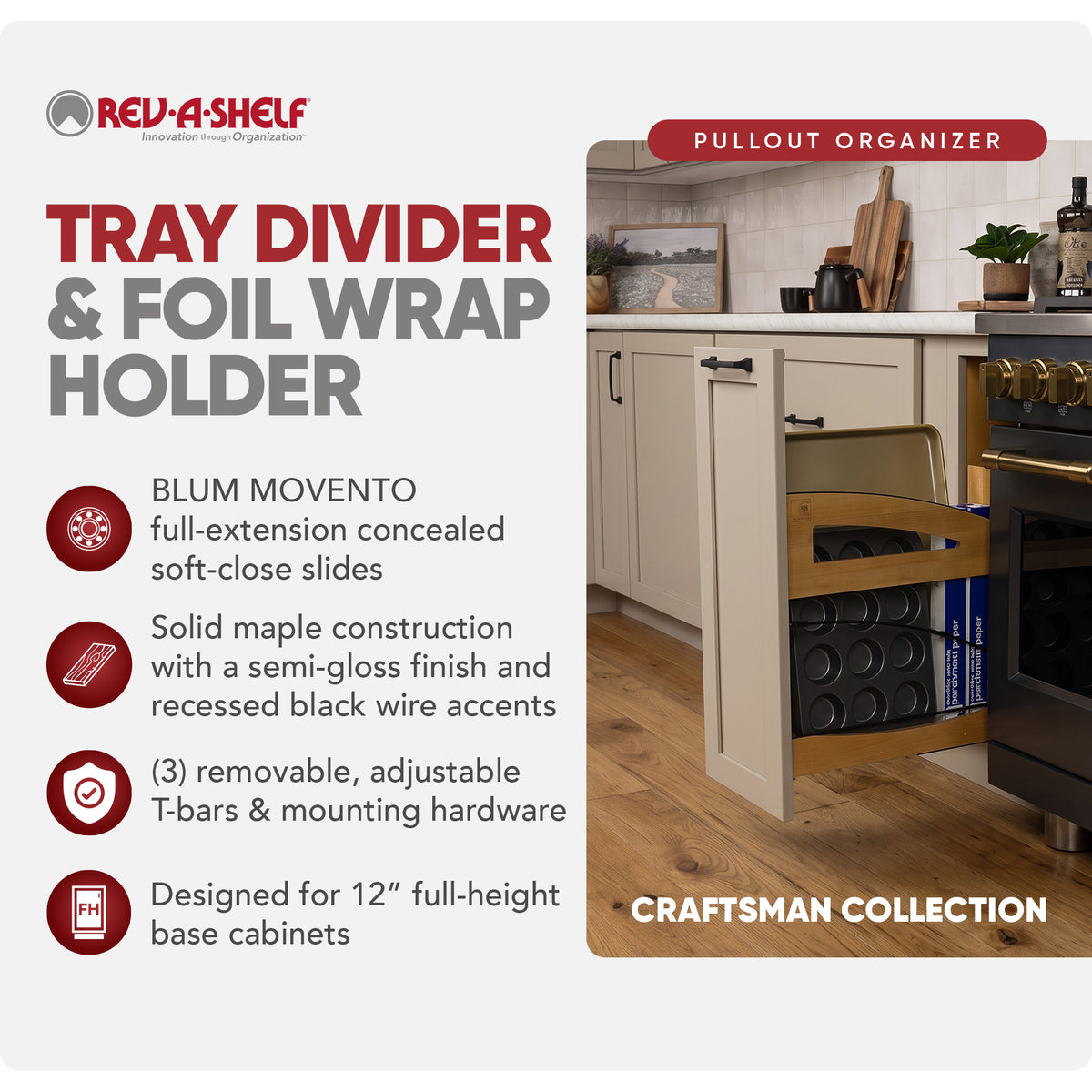 Rev-A-Shelf Foil Wrap Pullout Organizer w/ Soft-Close for 12" Base Cabinets - VMInnovations