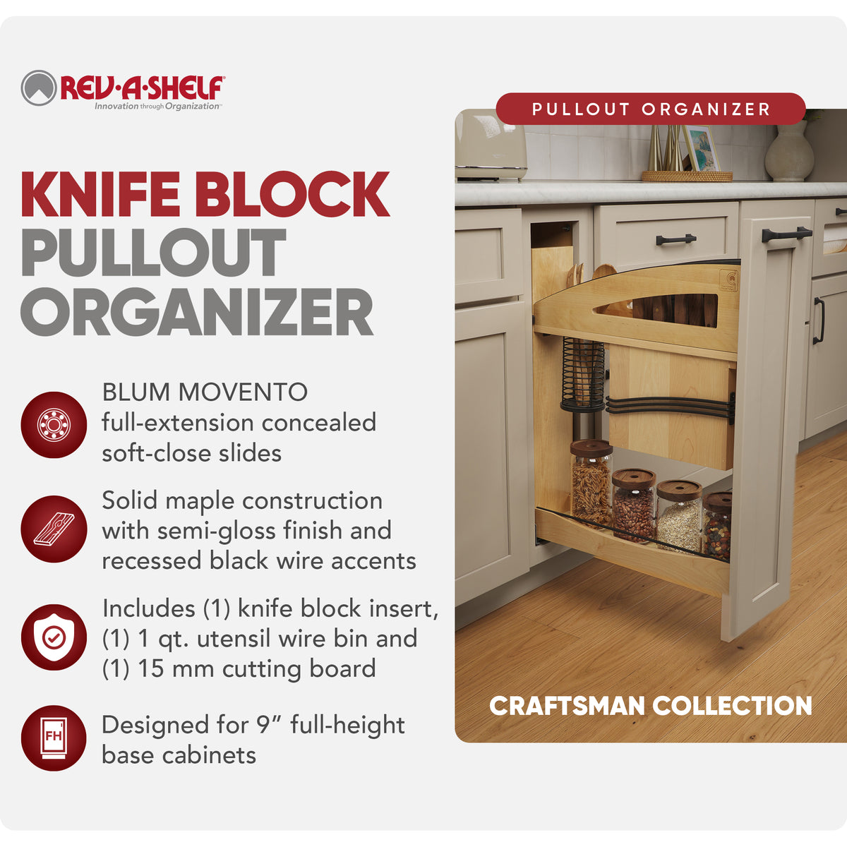 Rev-A-Shelf Knife Pullout Organizer with Soft-Close for 9" Base Cabinets - VMInnovations