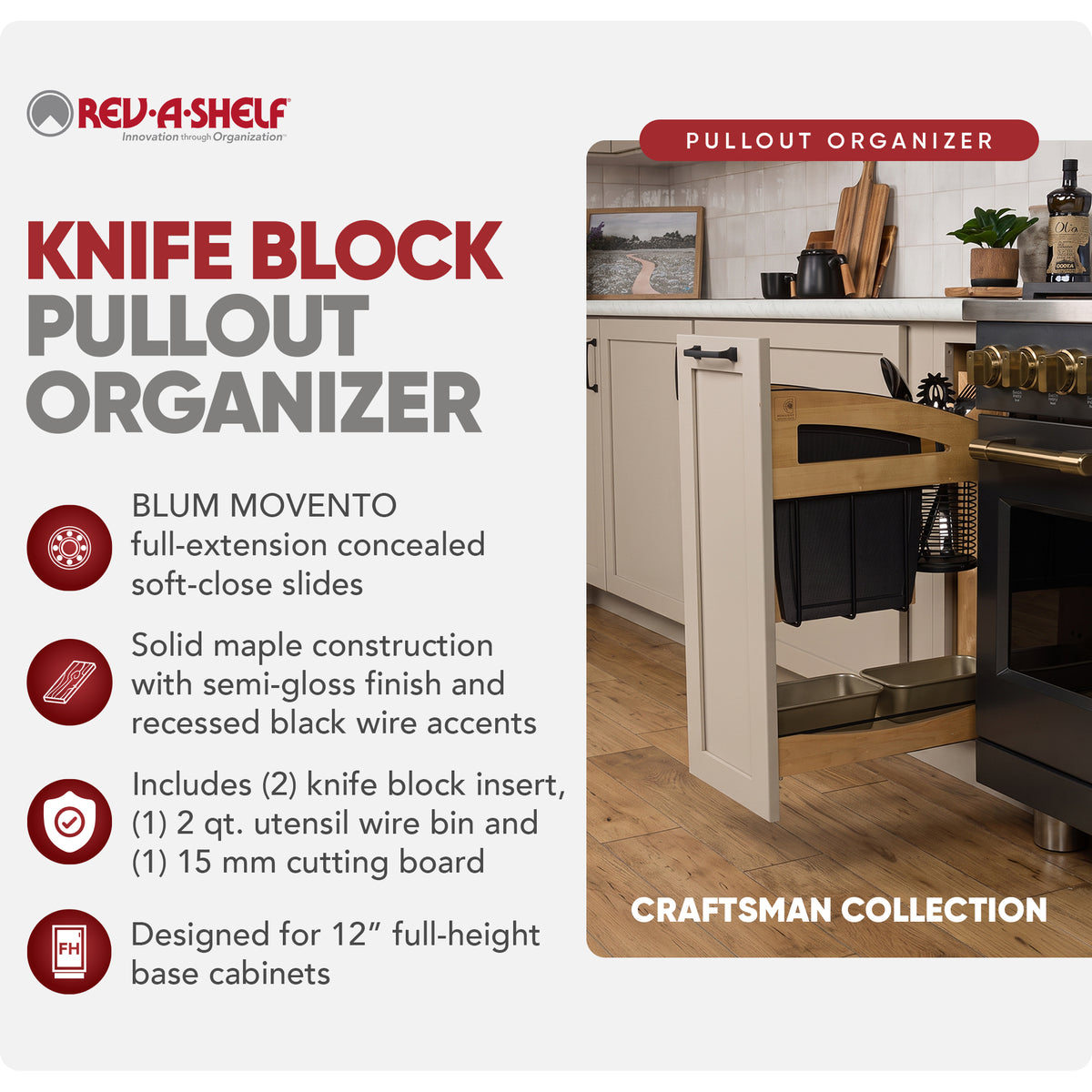 Rev-A-Shelf Knife Pullout Organizer with Soft-Close for 12" Base Cabinets - VMInnovations