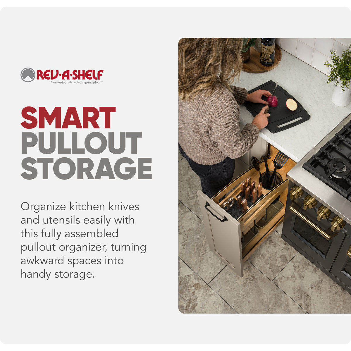 Rev-A-Shelf Knife Pullout Organizer with Soft-Close for 12" Base Cabinets - VMInnovations