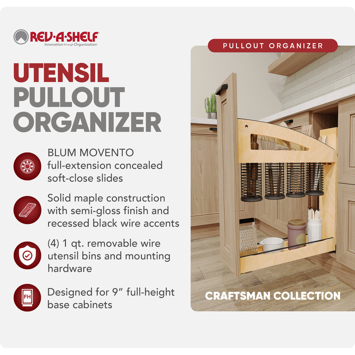 Rev-A-Shelf Utensil Pullout Organizer with Soft-Close for 9" Base Cabinets - VMInnovations