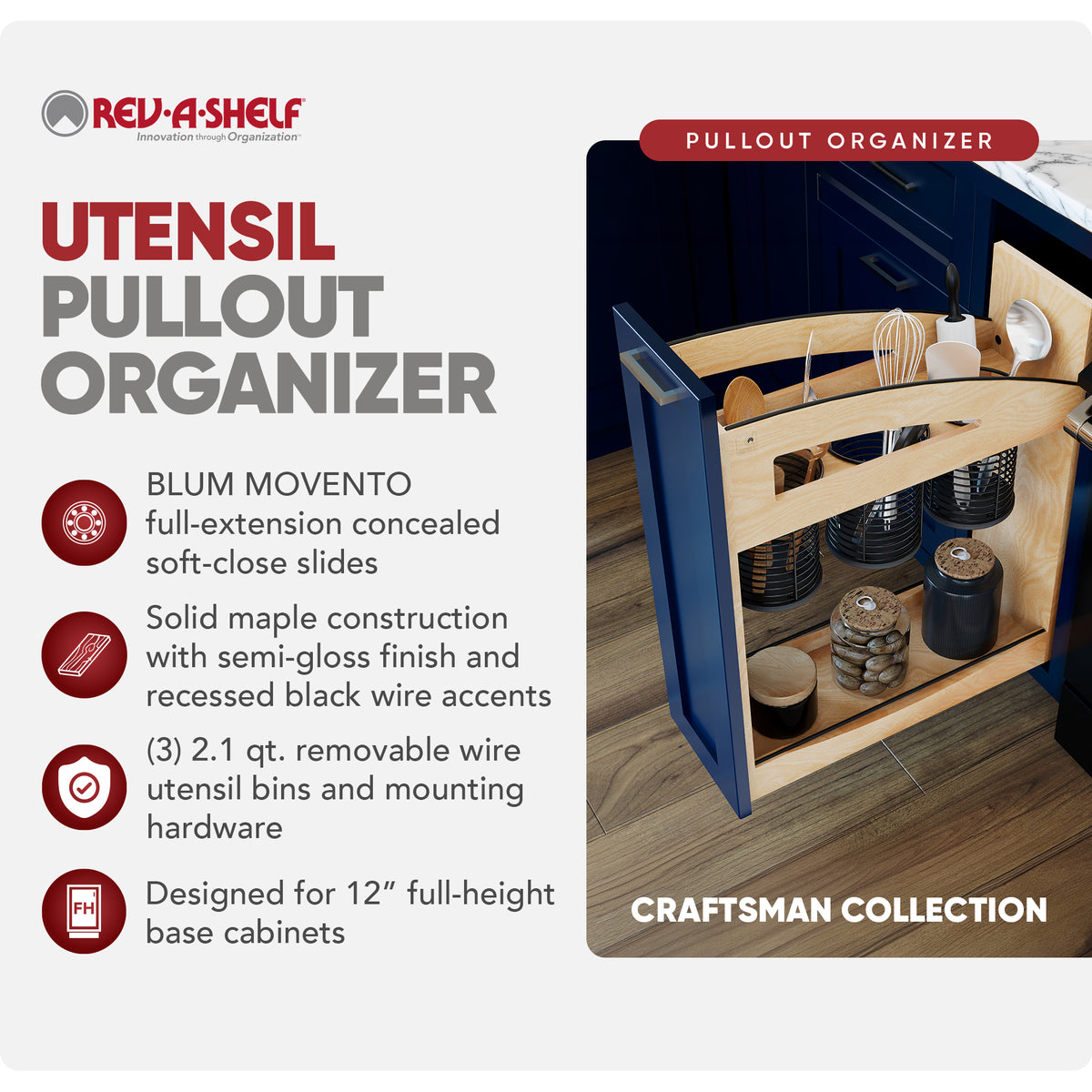 Rev-A-Shelf Utensil Pullout Organizer with Soft-Close for 12" Base Cabinets