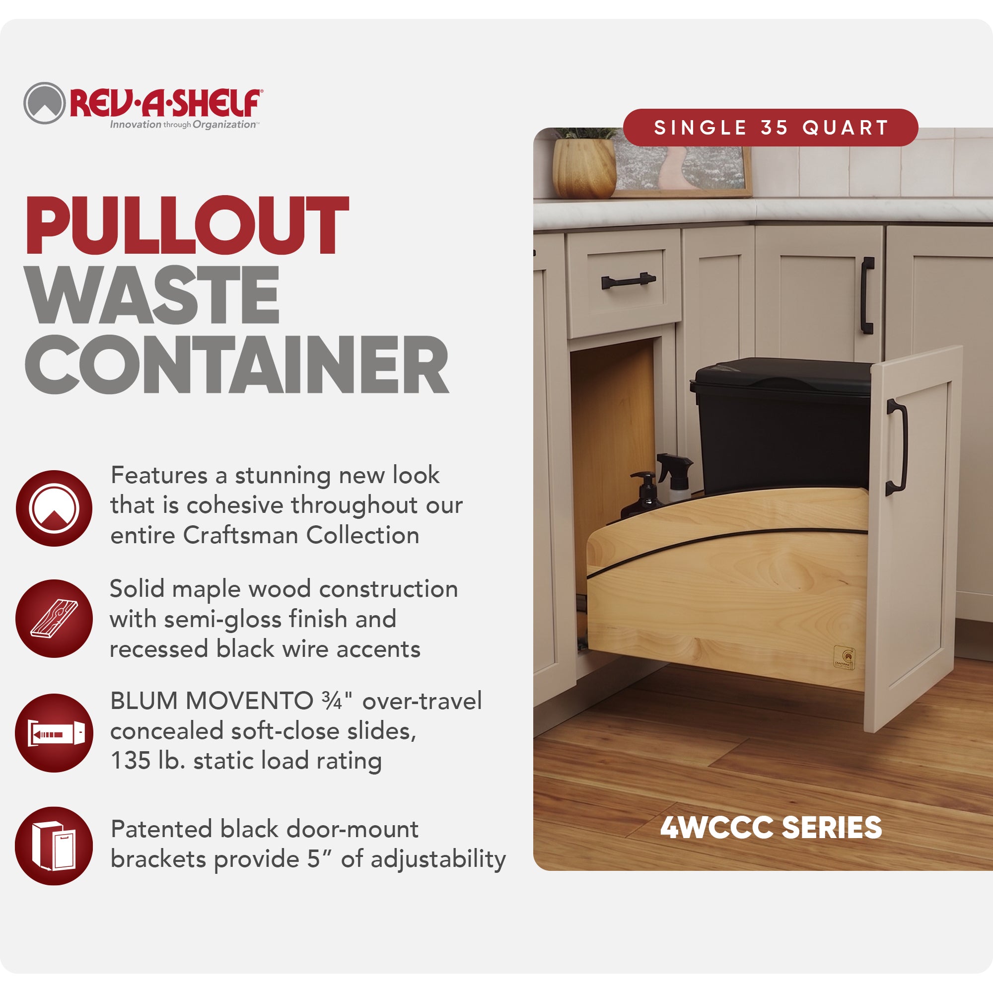Rev-A-Shelf Maple Wood Pullout Waste Container, Soft-Close, 35 qt, Black