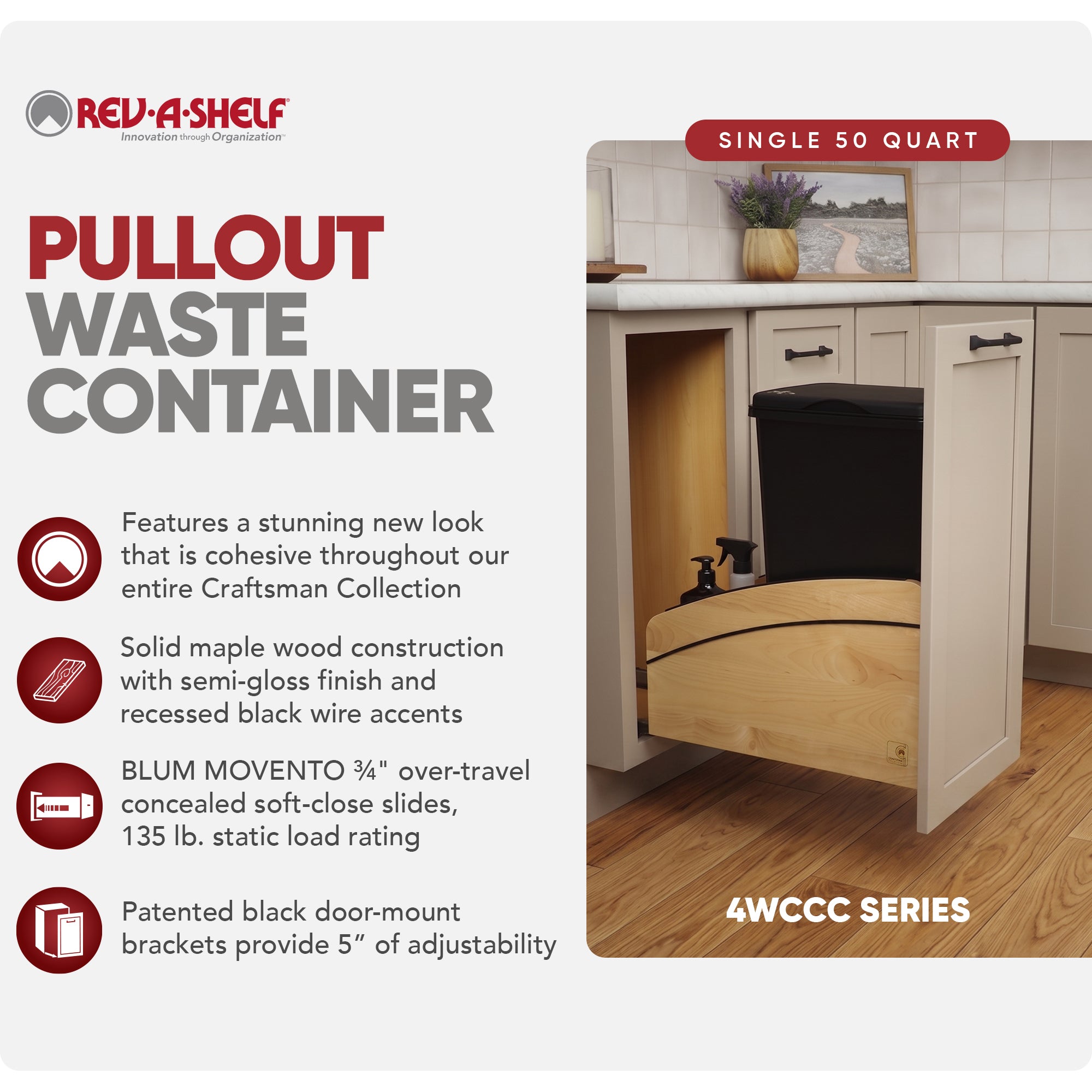 Rev-A-Shelf Maple Wood Pullout Waste Container, Soft-Close, 50 qt, Black