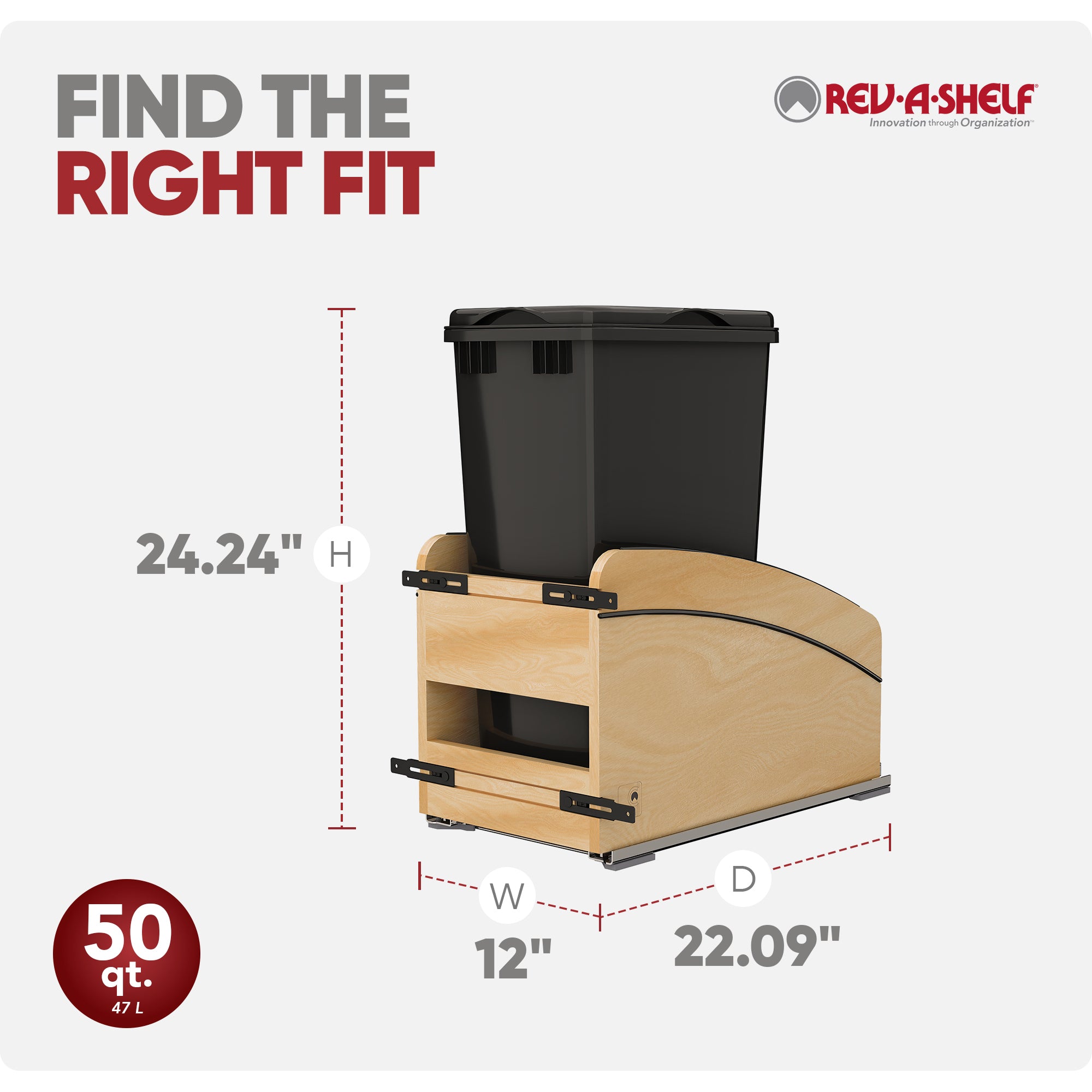 Rev-A-Shelf Maple Wood Pullout Waste Container, Soft-Close, 50 qt, Black