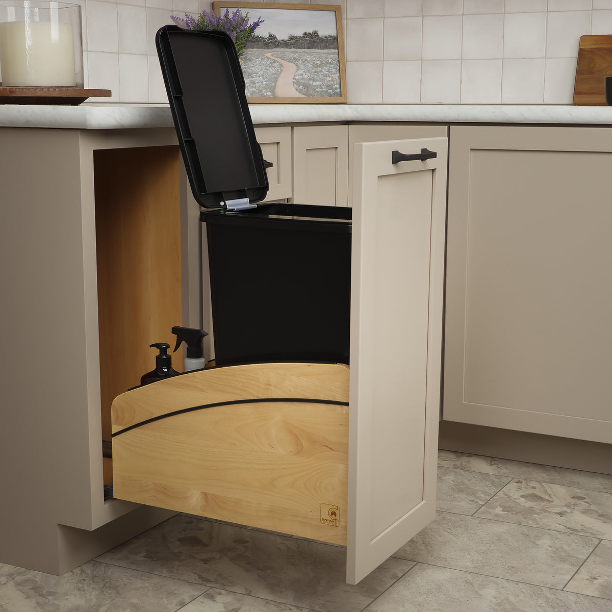 Rev-A-Shelf Maple Wood Pullout Waste Container, Soft-Close, 50 qt, Black