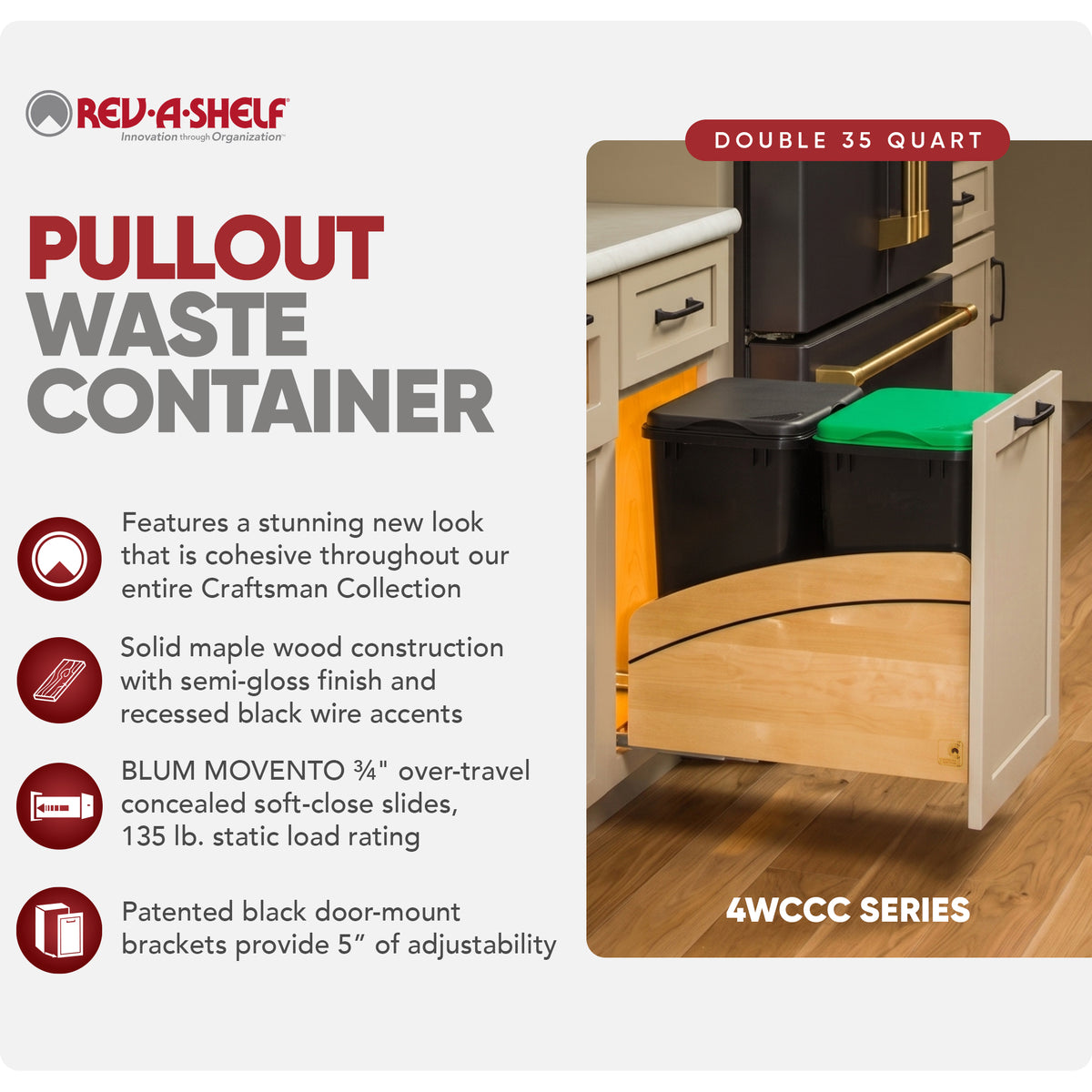Rev-A-Shelf Maple Double Pullout Waste Container, Soft-Close, 35 qt, Black