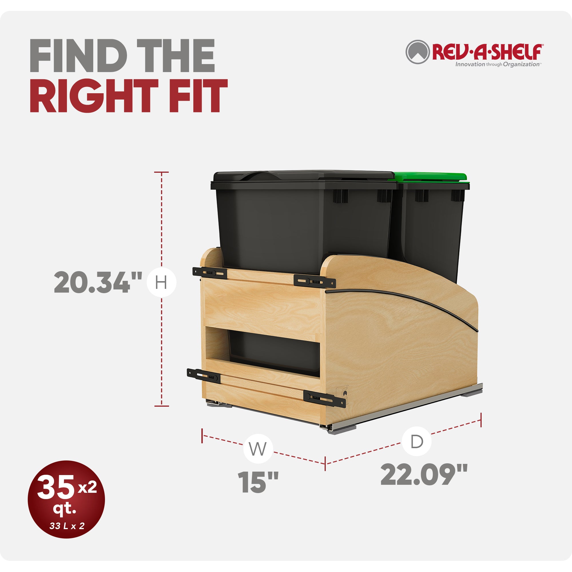 Rev-A-Shelf Maple Double Pullout Waste Container, Soft-Close, 35 qt, Black
