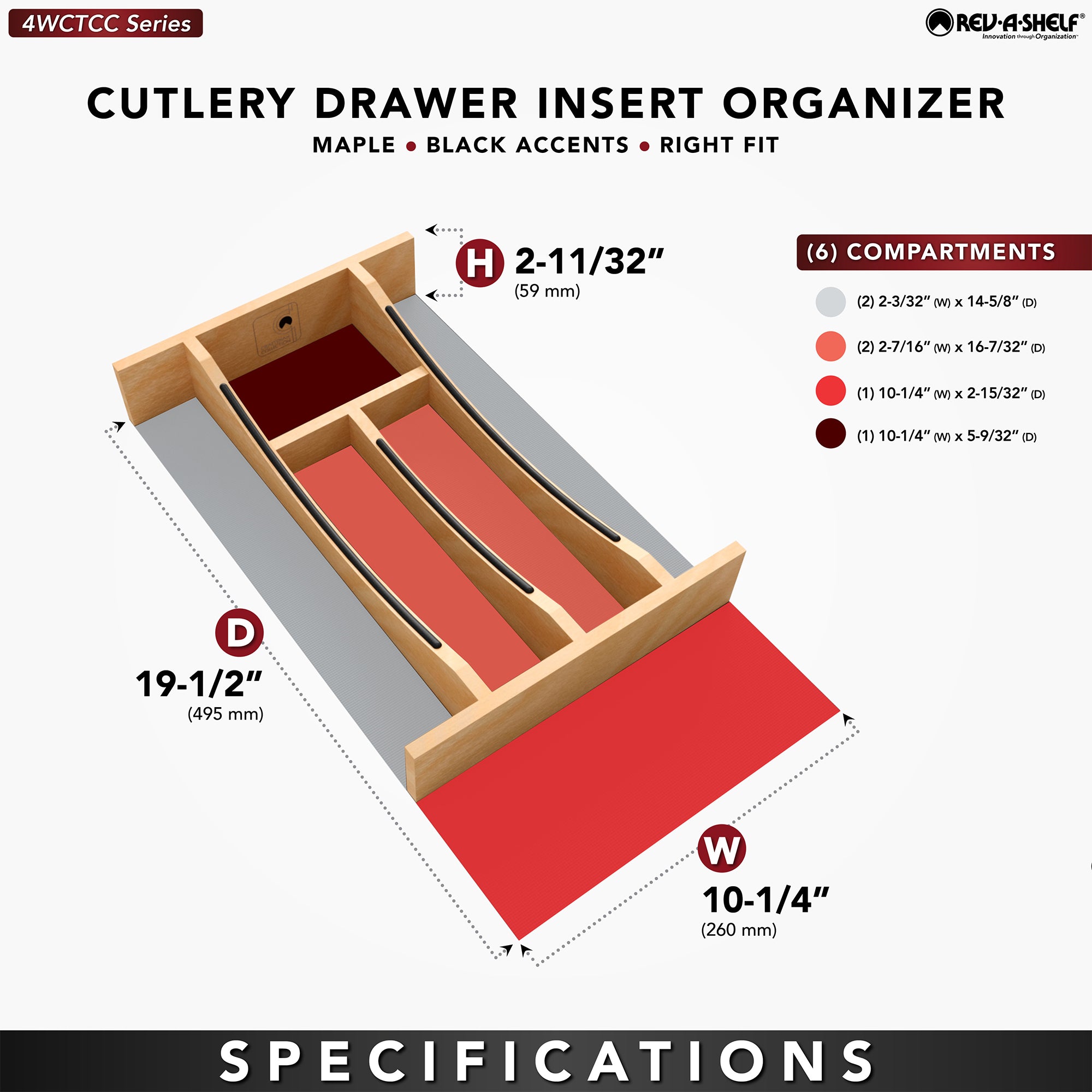 Rev-A-Shelf Craftsman Solid Maple Cutlery Drawer Insert, 10-1/4" x 19-1/2" - VMInnovations