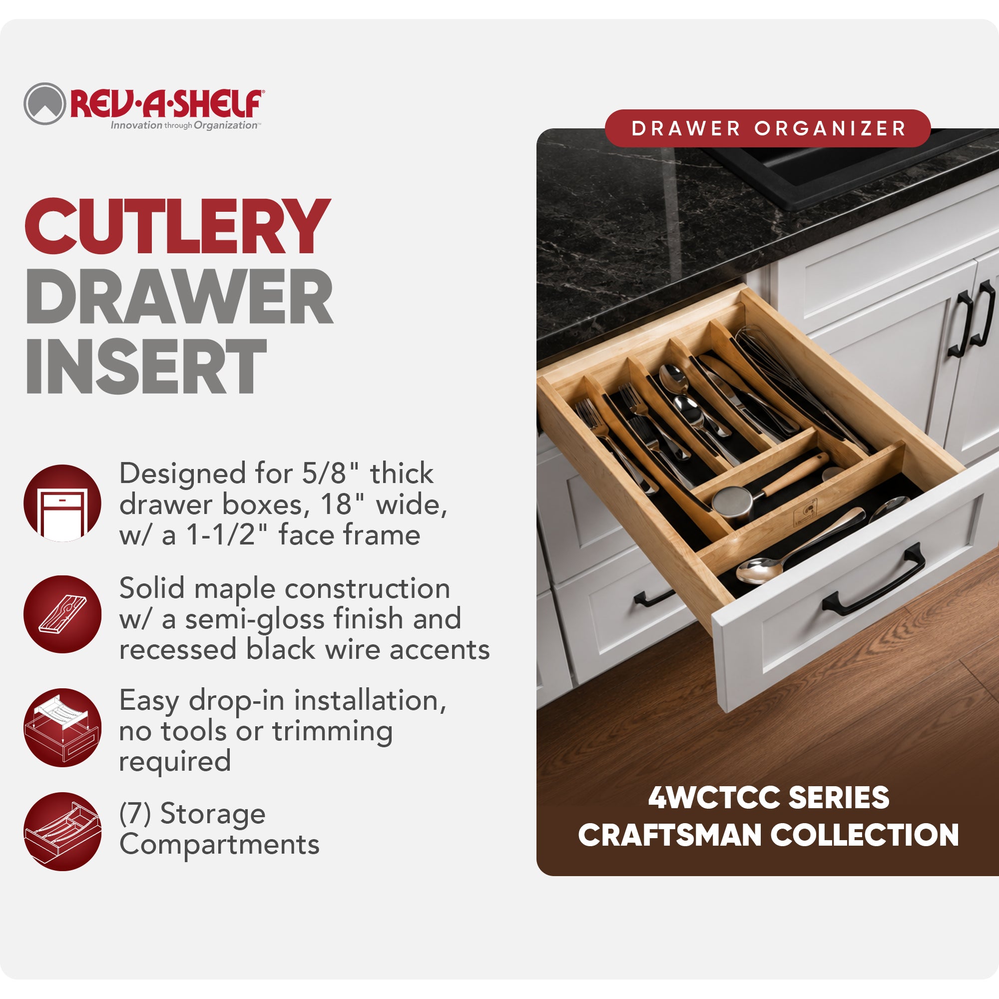 Rev-A-Shelf Craftsman Solid Maple Cutlery Drawer Insert, 13-1/4" x 19-1/2" - VMInnovations