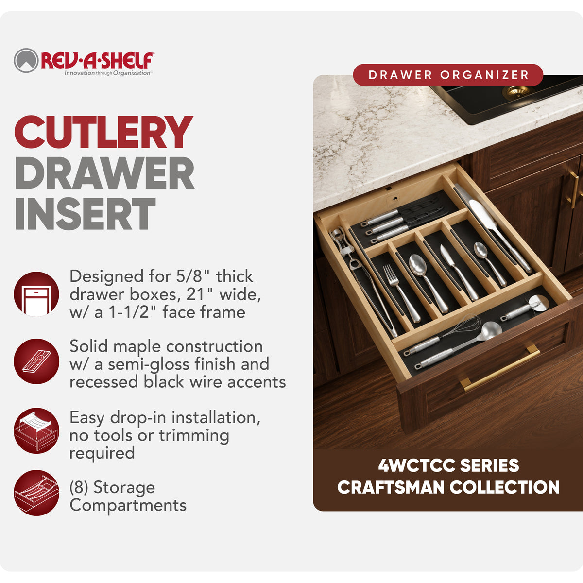 Rev-A-Shelf Craftsman Solid Maple Cutlery Drawer Insert, 16-1/4" x 19-1/2" - VMInnovations