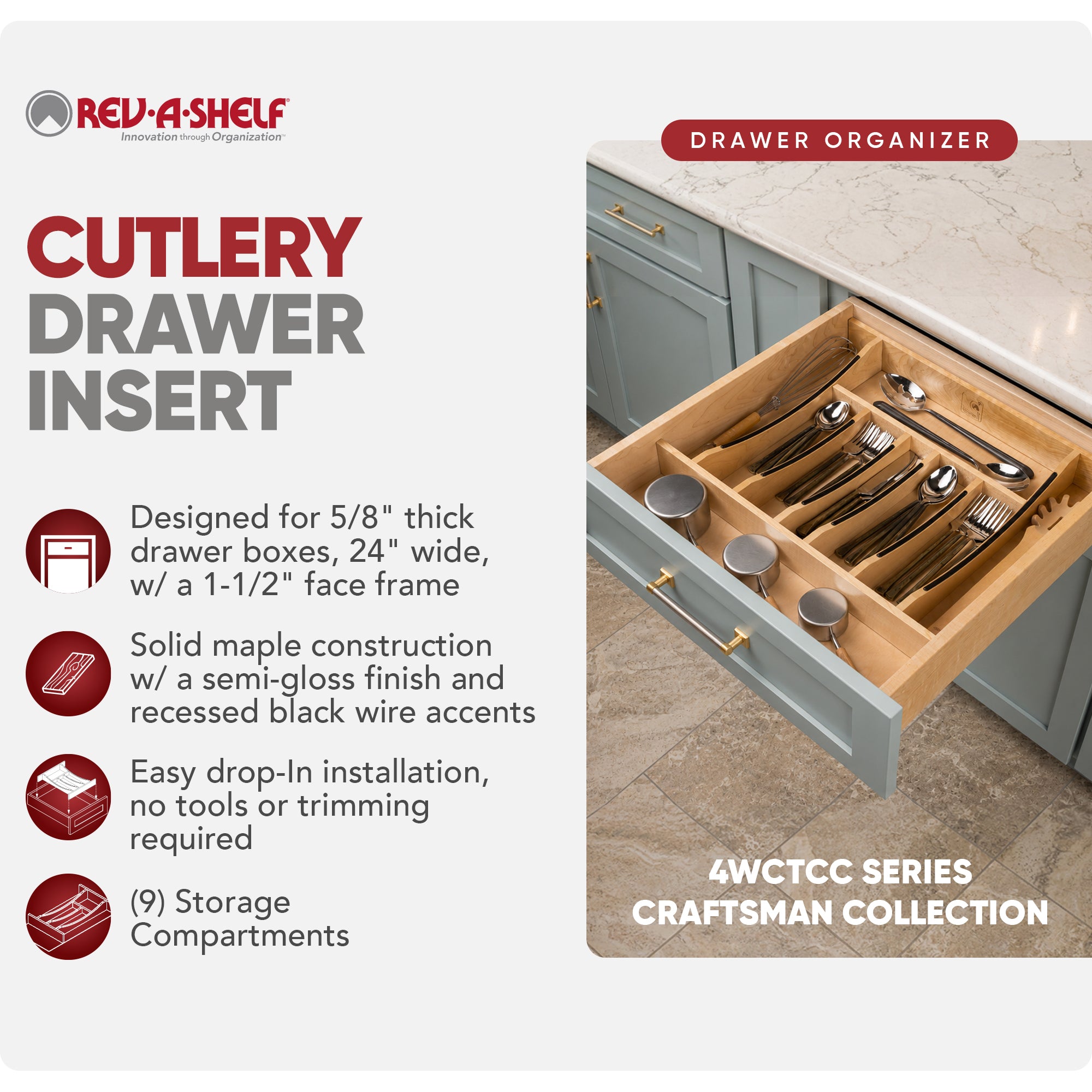 Rev-A-Shelf Craftsman Solid Maple Cutlery Drawer Insert, 19-1/4" x 19-1/2"