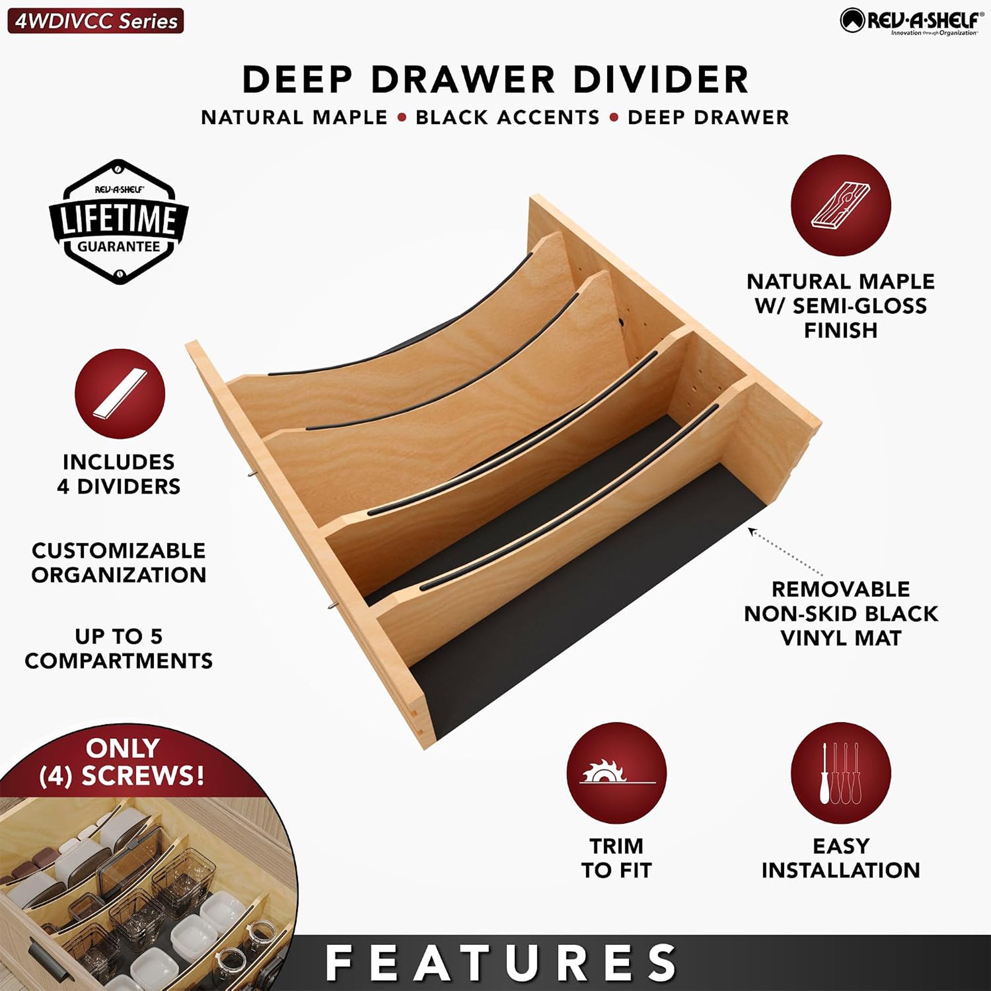 Rev-A-Shelf Deep Drawer Divider Insert for 21”-24” Base Cabinet Drawers