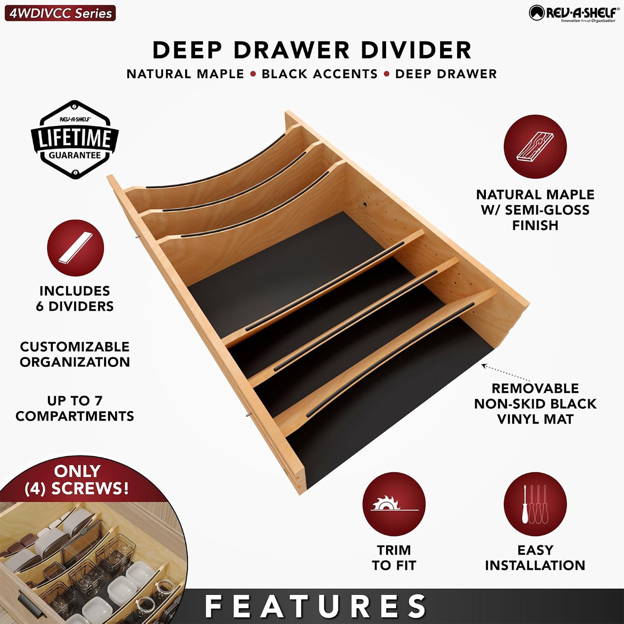 Rev-A-Shelf Deep Drawer Divider Insert for 33”-36” Base Cabinet Drawers