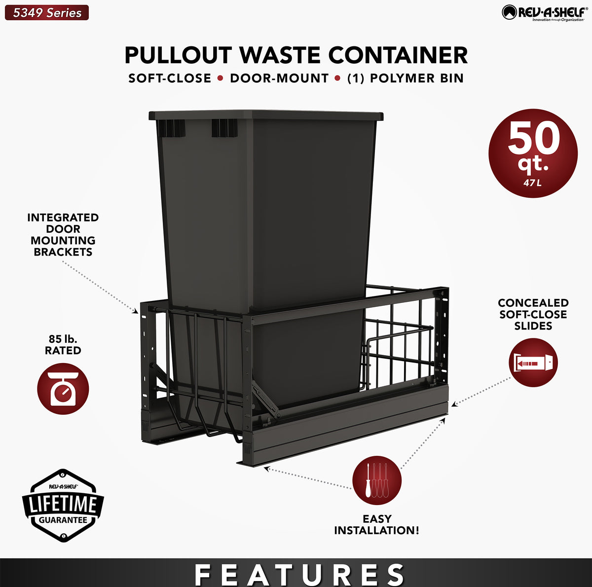 Rev-A-Shelf Single Pullout 50 qt. Kitchen Trash Can, Soft-Close, 5349-1550DM-118